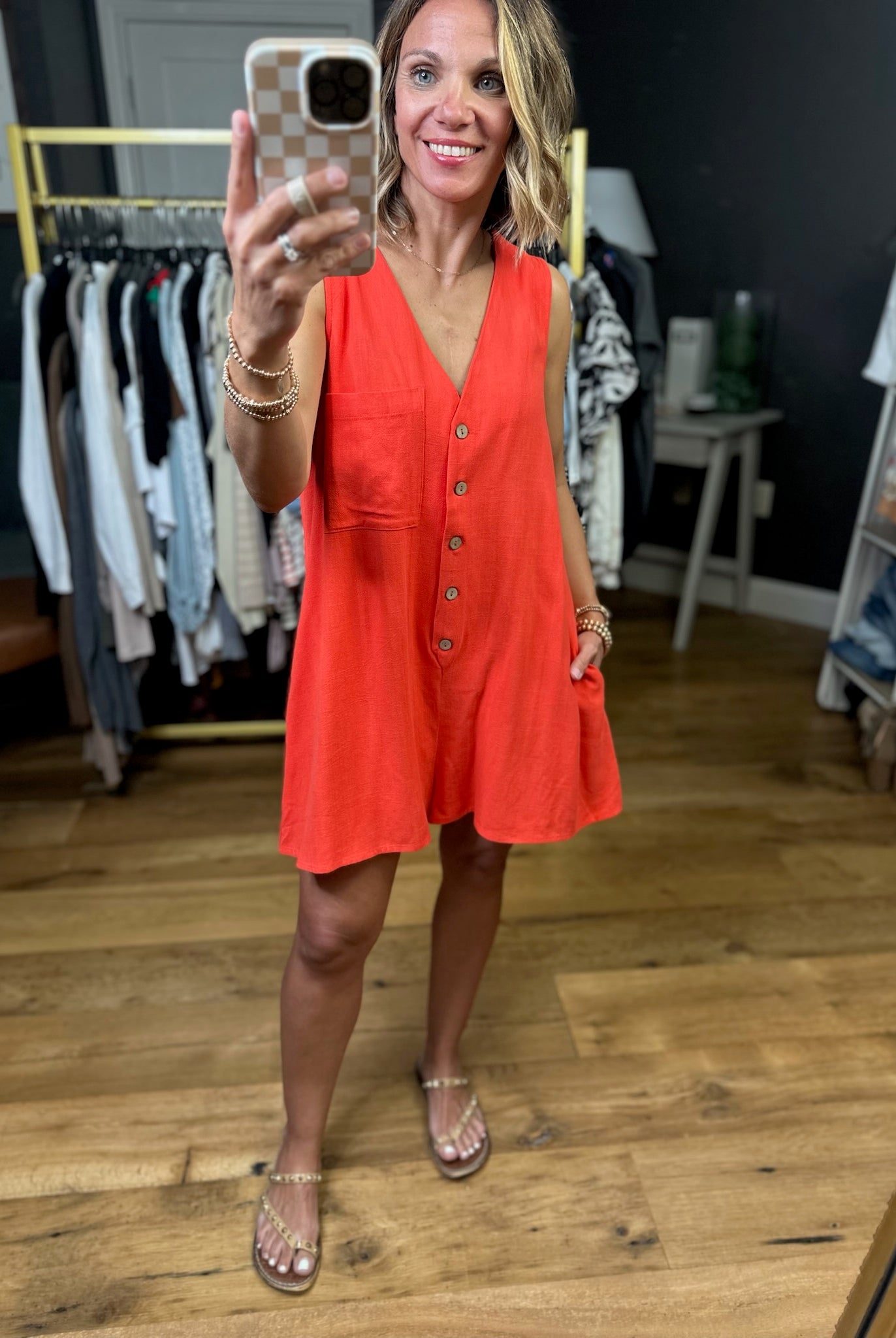 Tell That Story Button-Detail Romper - Tomato-Eesome-Anna Kaytes Boutique, Women's Fashion Boutique in Grinnell, Iowa