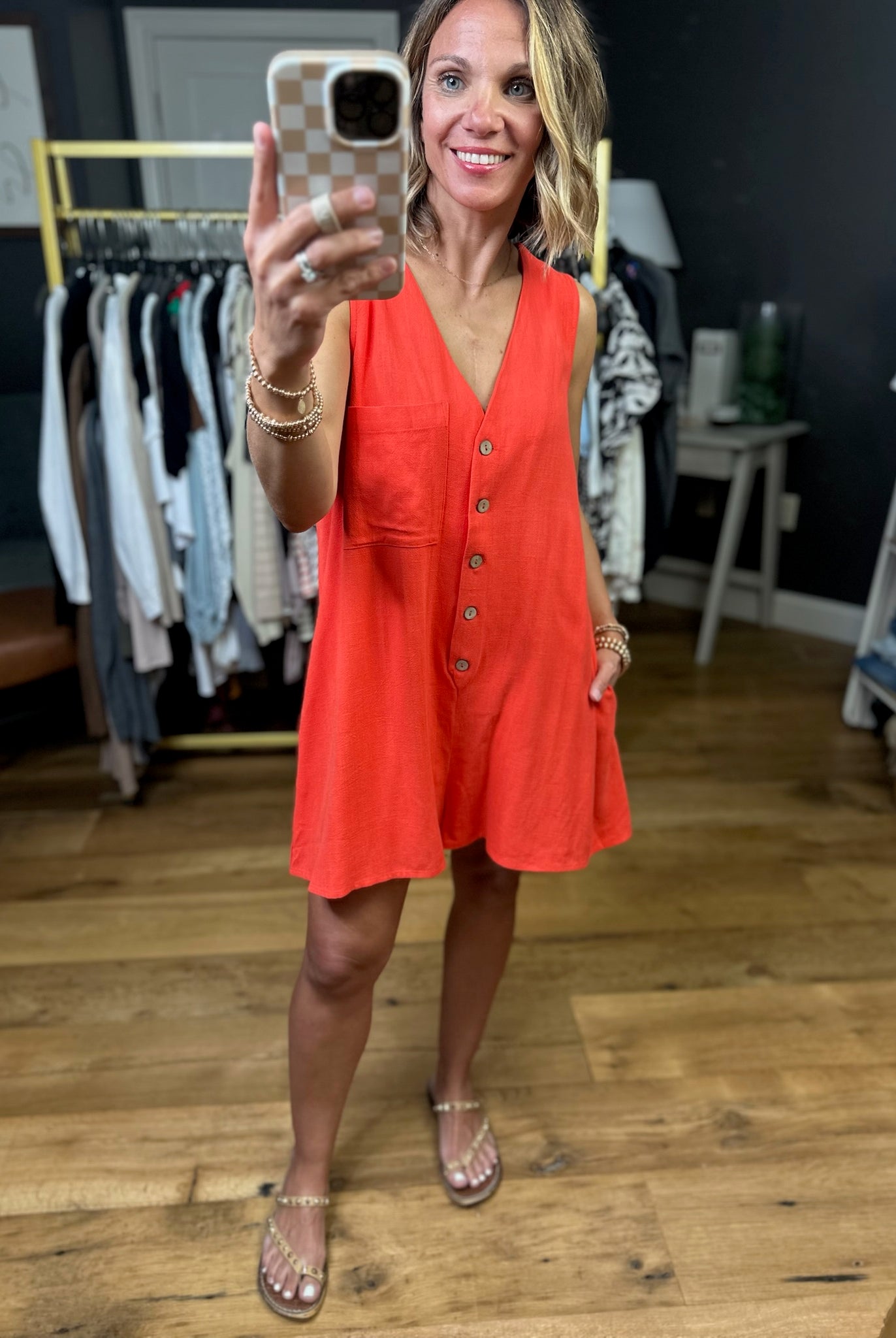 Tell That Story Button-Detail Romper - Tomato-Eesome-Anna Kaytes Boutique, Women's Fashion Boutique in Grinnell, Iowa