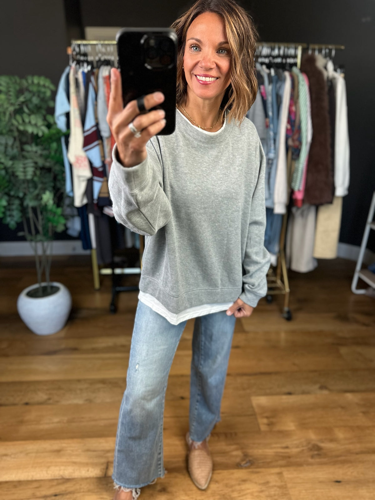 Be Right Back Faux-Layered Crewneck Sweatshirt-Sweaters-By Together-Anna Kaytes Boutique, Women's Fashion Boutique in Grinnell, Iowa