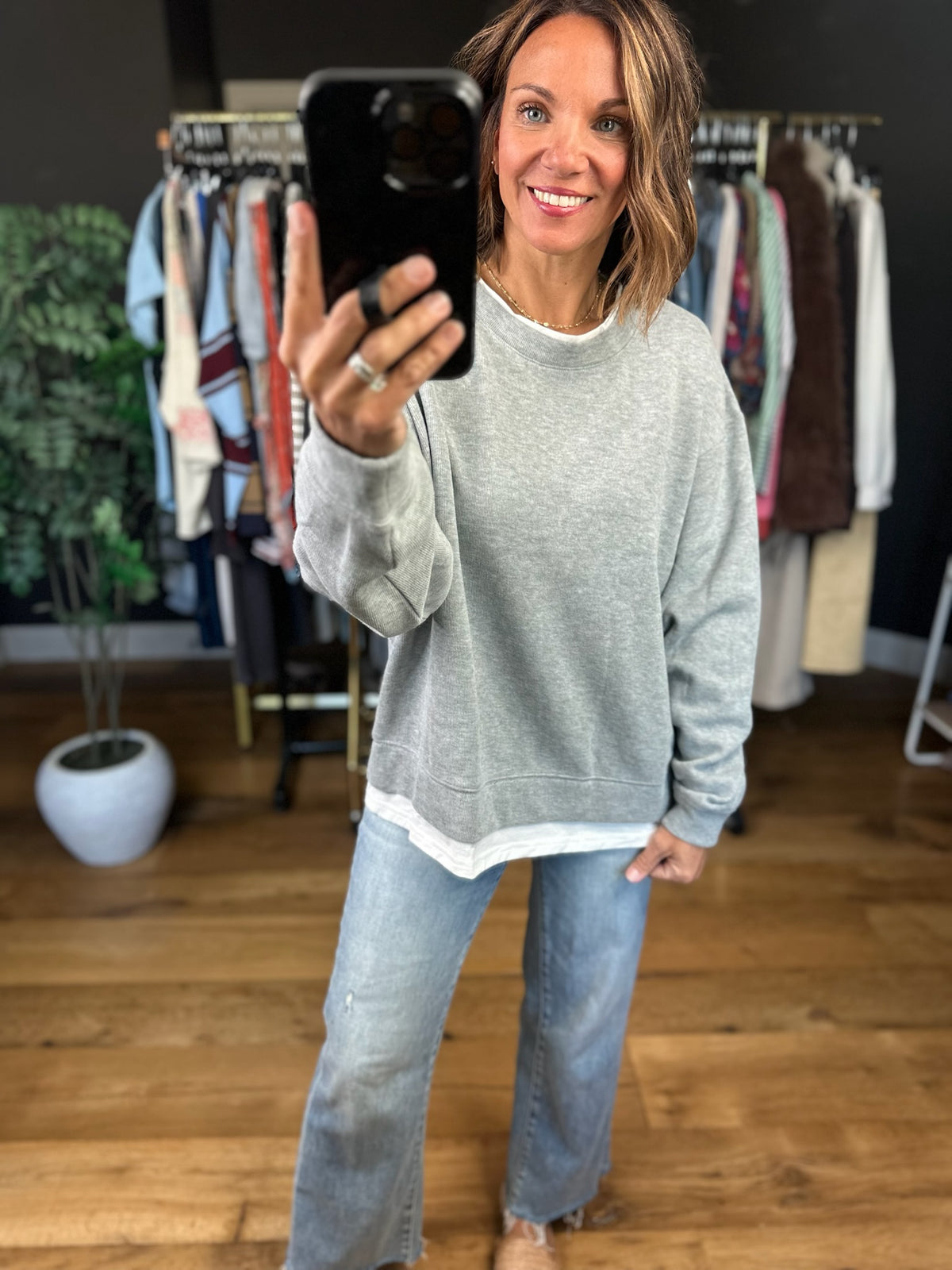 Be Right Back Faux-Layered Crewneck Sweatshirt-Sweaters-By Together-Anna Kaytes Boutique, Women's Fashion Boutique in Grinnell, Iowa