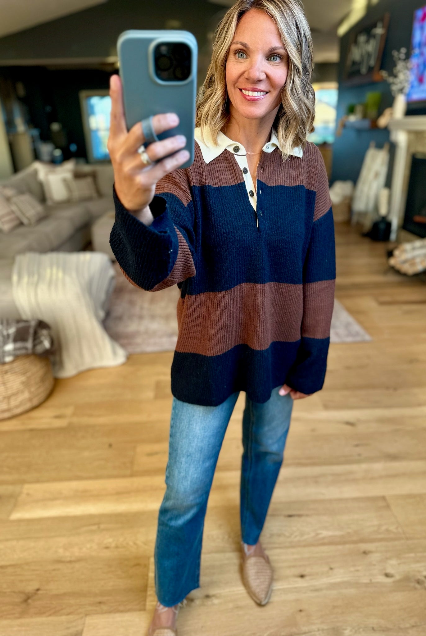 Game Over Collared Wide-Strip Knit-Blu Pepper-Anna Kaytes Boutique, Women's Fashion Boutique in Grinnell, Iowa