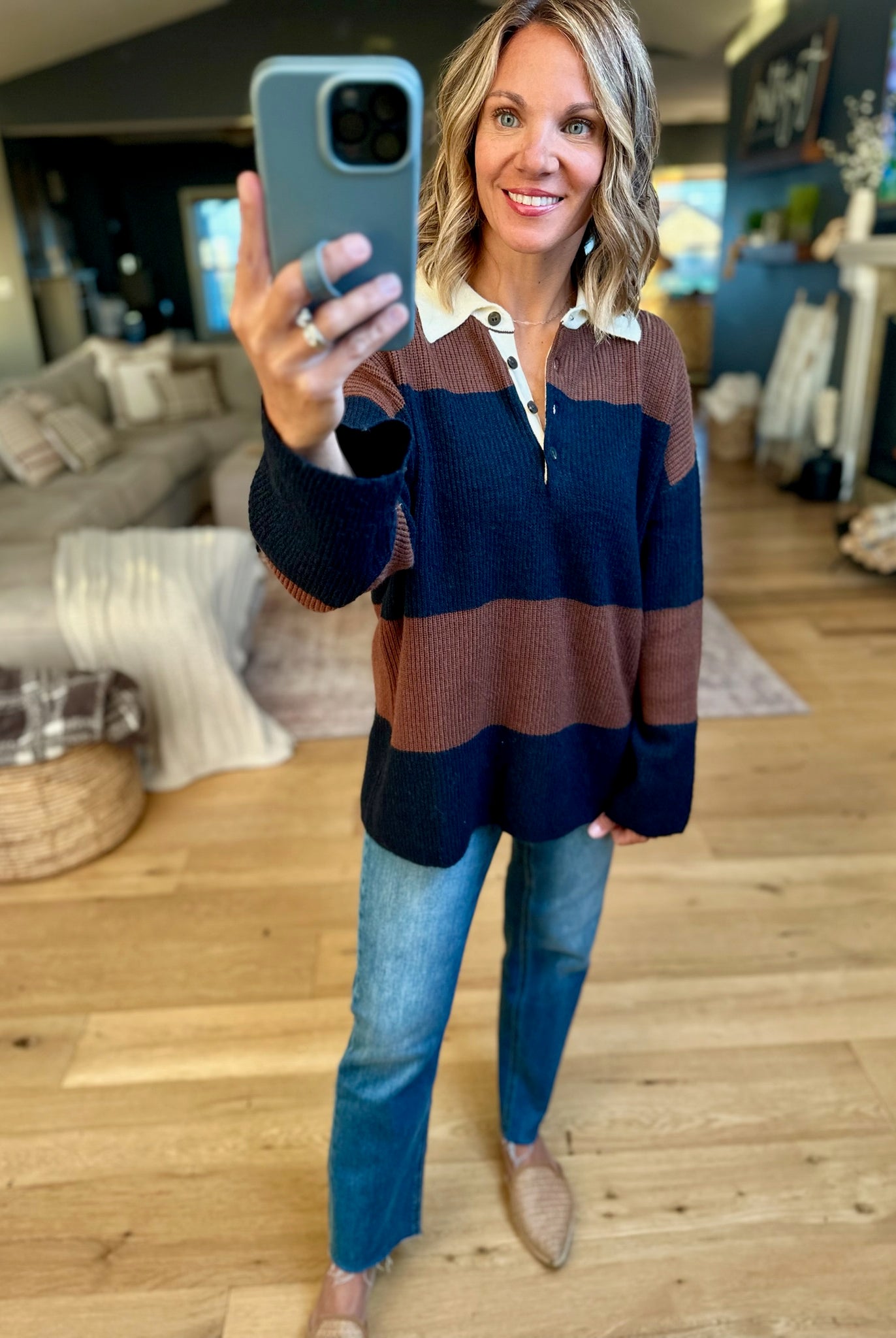 Game Over Collared Wide-Strip Knit-Blu Pepper-Anna Kaytes Boutique, Women's Fashion Boutique in Grinnell, Iowa