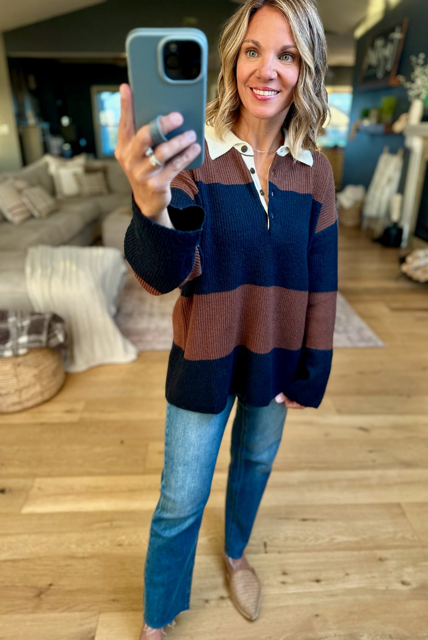 Game Over Collared Wide-Strip Knit-Blu Pepper-Anna Kaytes Boutique, Women's Fashion Boutique in Grinnell, Iowa