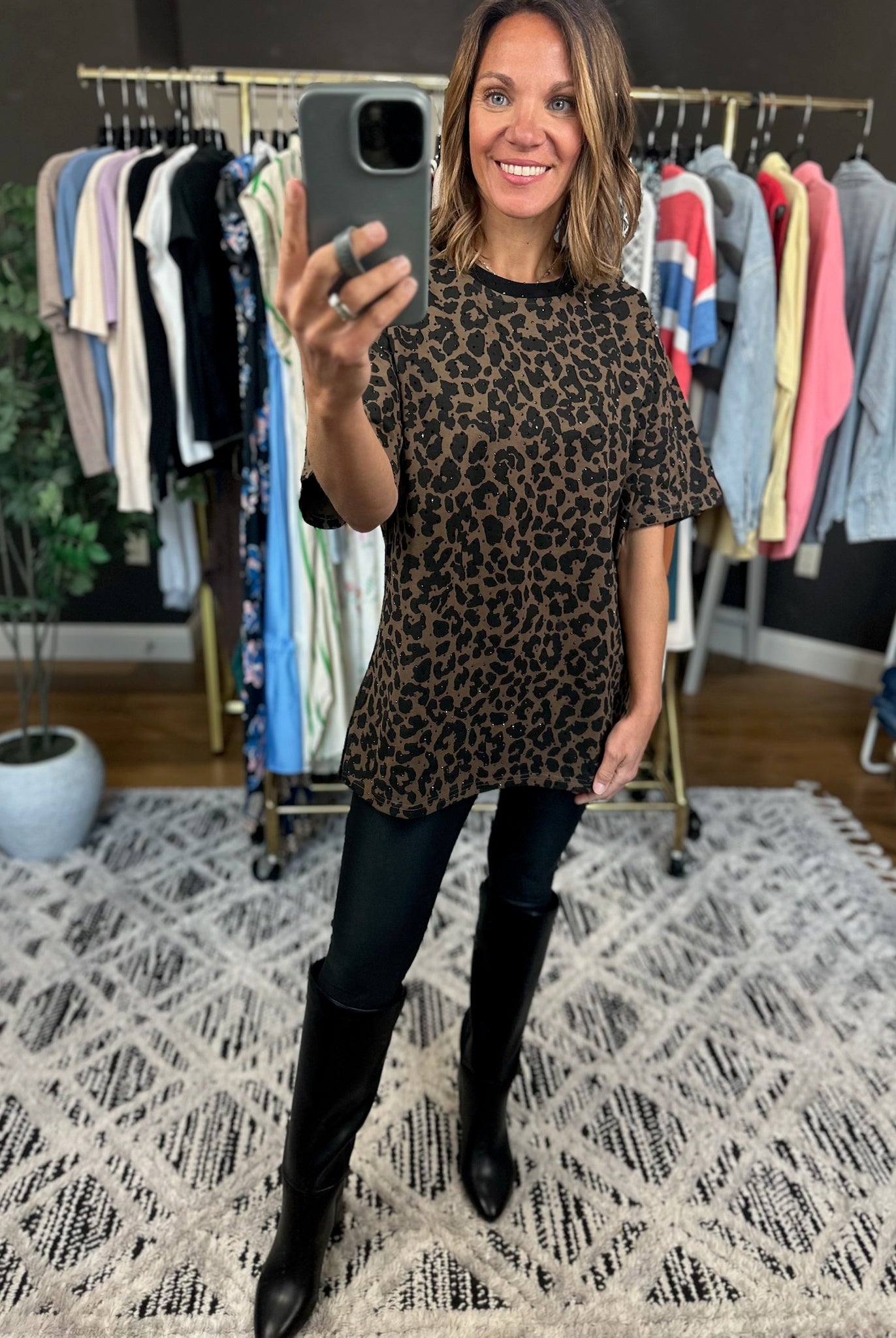 After Dark Oversized Animal-Print Sparkle Top-Short Sleeves-davi & dani-Anna Kaytes Boutique, Women's Fashion Boutique in Grinnell, Iowa