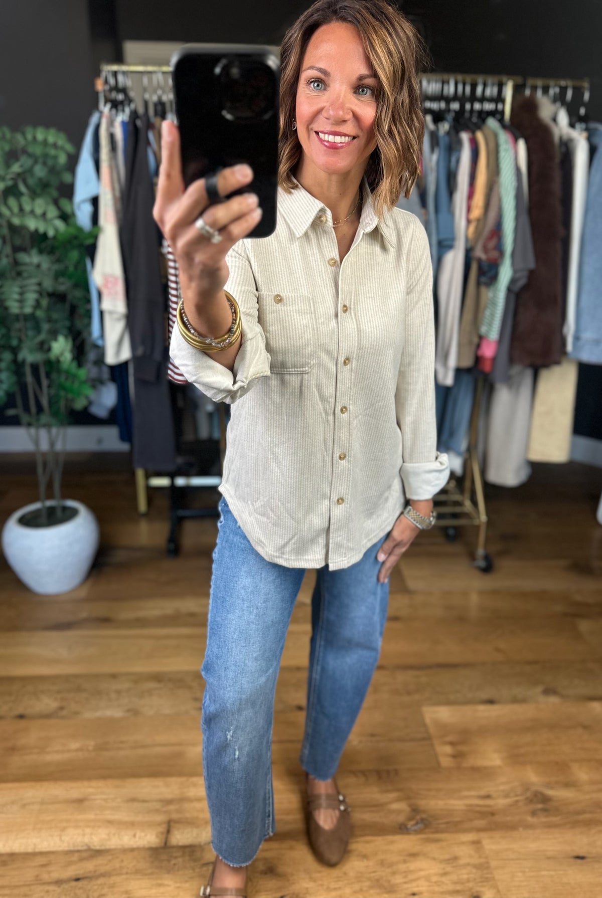 Outside Adventure Striped Button-Down Top-Long Sleeves-Blu Pepper-Anna Kaytes Boutique, Women's Fashion Boutique in Grinnell, Iowa