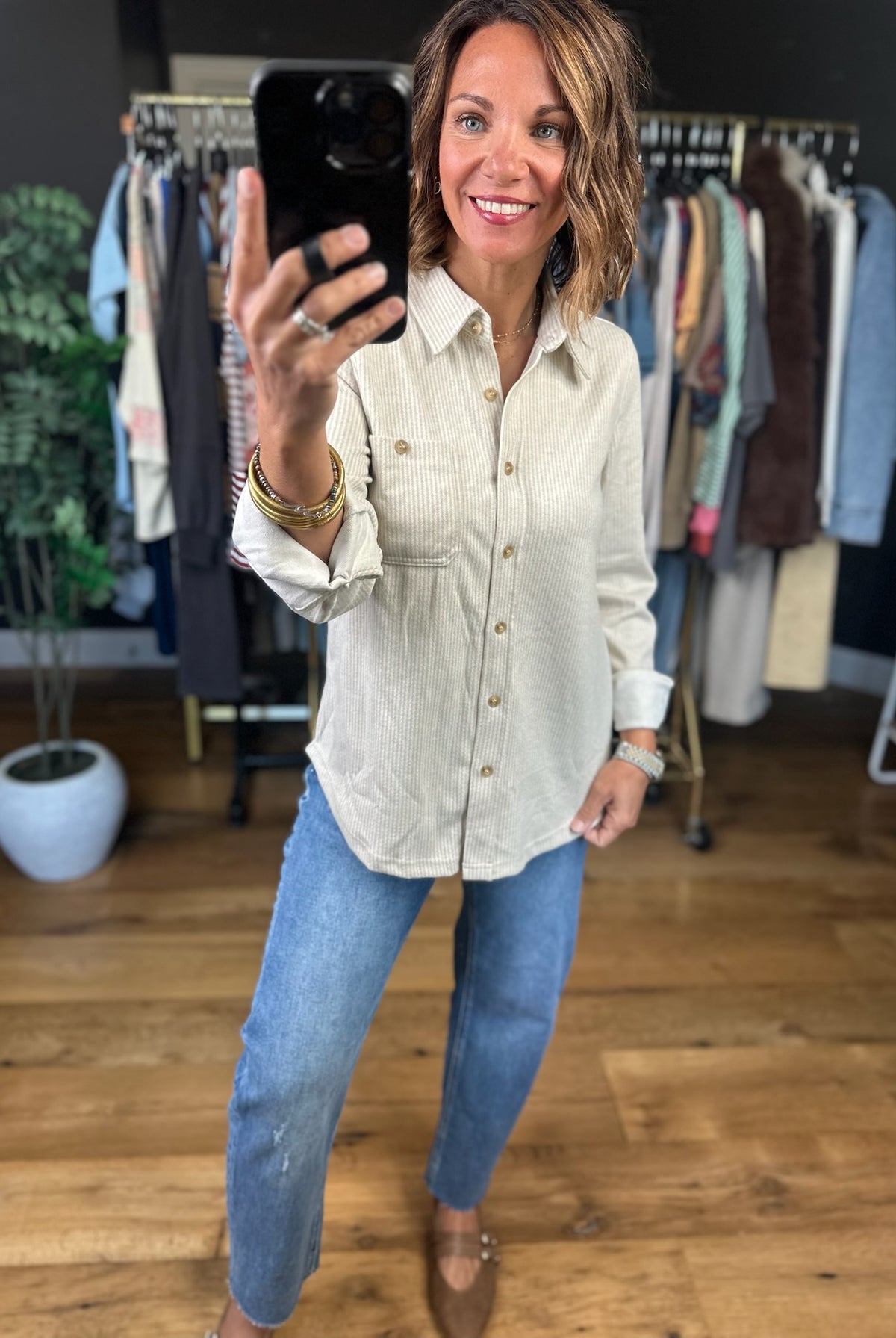 Outside Adventure Striped Button-Down Top-Long Sleeves-Blu Pepper-Anna Kaytes Boutique, Women's Fashion Boutique in Grinnell, Iowa
