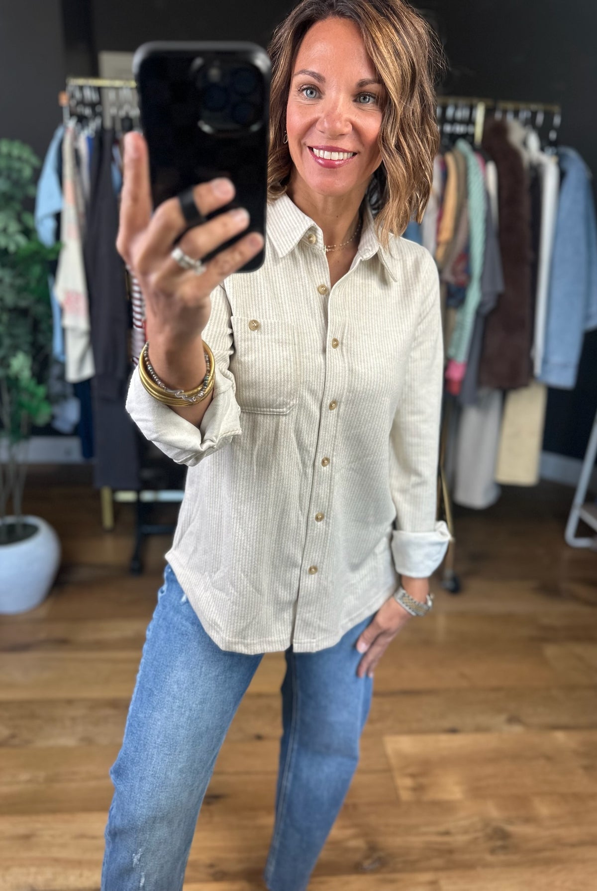 Outside Adventure Striped Button-Down Top-Long Sleeves-Blu Pepper-Anna Kaytes Boutique, Women's Fashion Boutique in Grinnell, Iowa