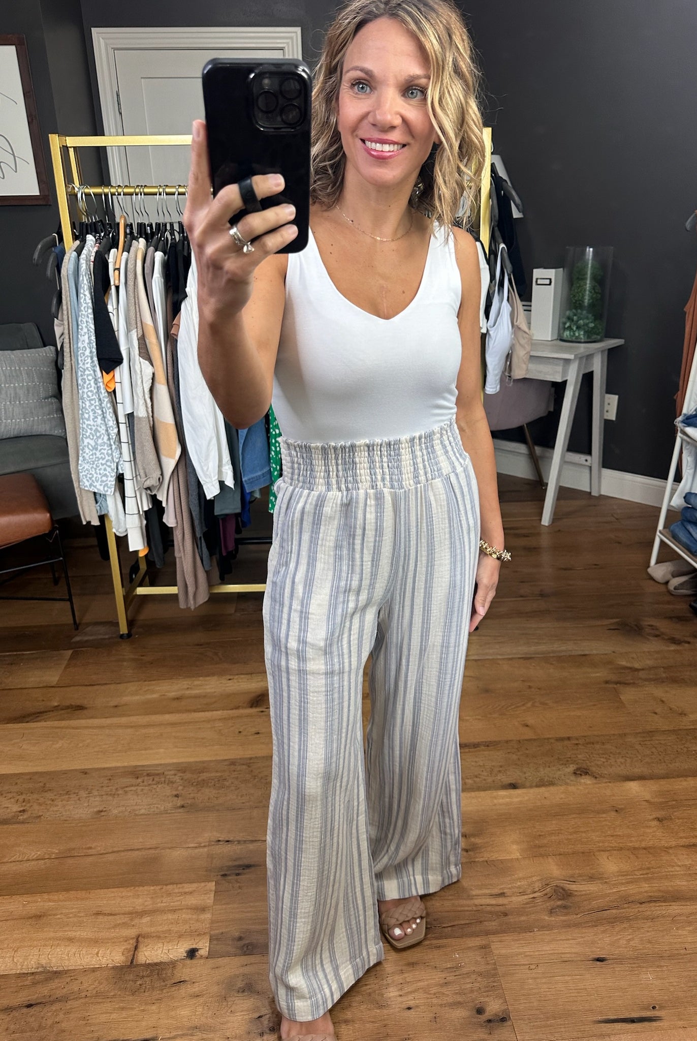 Here & Now Cotton Stripe Pants - Slate Blue-Pants-Be Cool-Anna Kaytes Boutique, Women's Fashion Boutique in Grinnell, Iowa