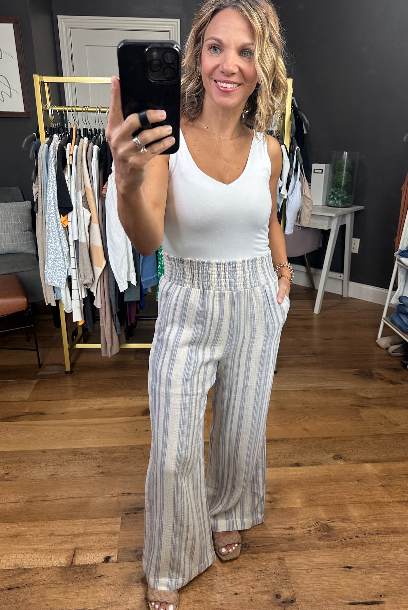 Here & Now Cotton Stripe Pants - Slate Blue-Pants-Be Cool-Anna Kaytes Boutique, Women's Fashion Boutique in Grinnell, Iowa
