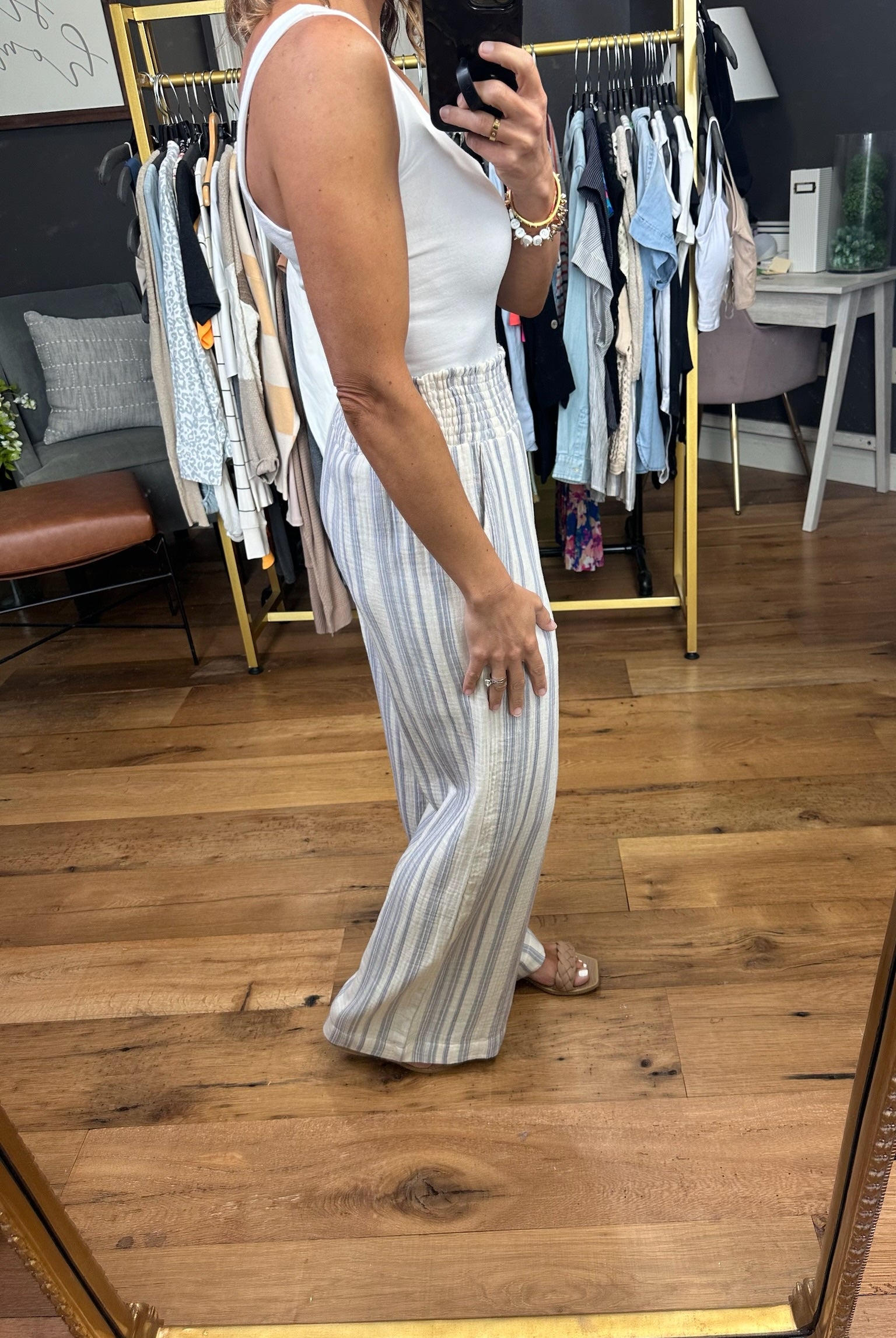 Here & Now Cotton Stripe Pants - Slate Blue-Pants-Be Cool-Anna Kaytes Boutique, Women's Fashion Boutique in Grinnell, Iowa