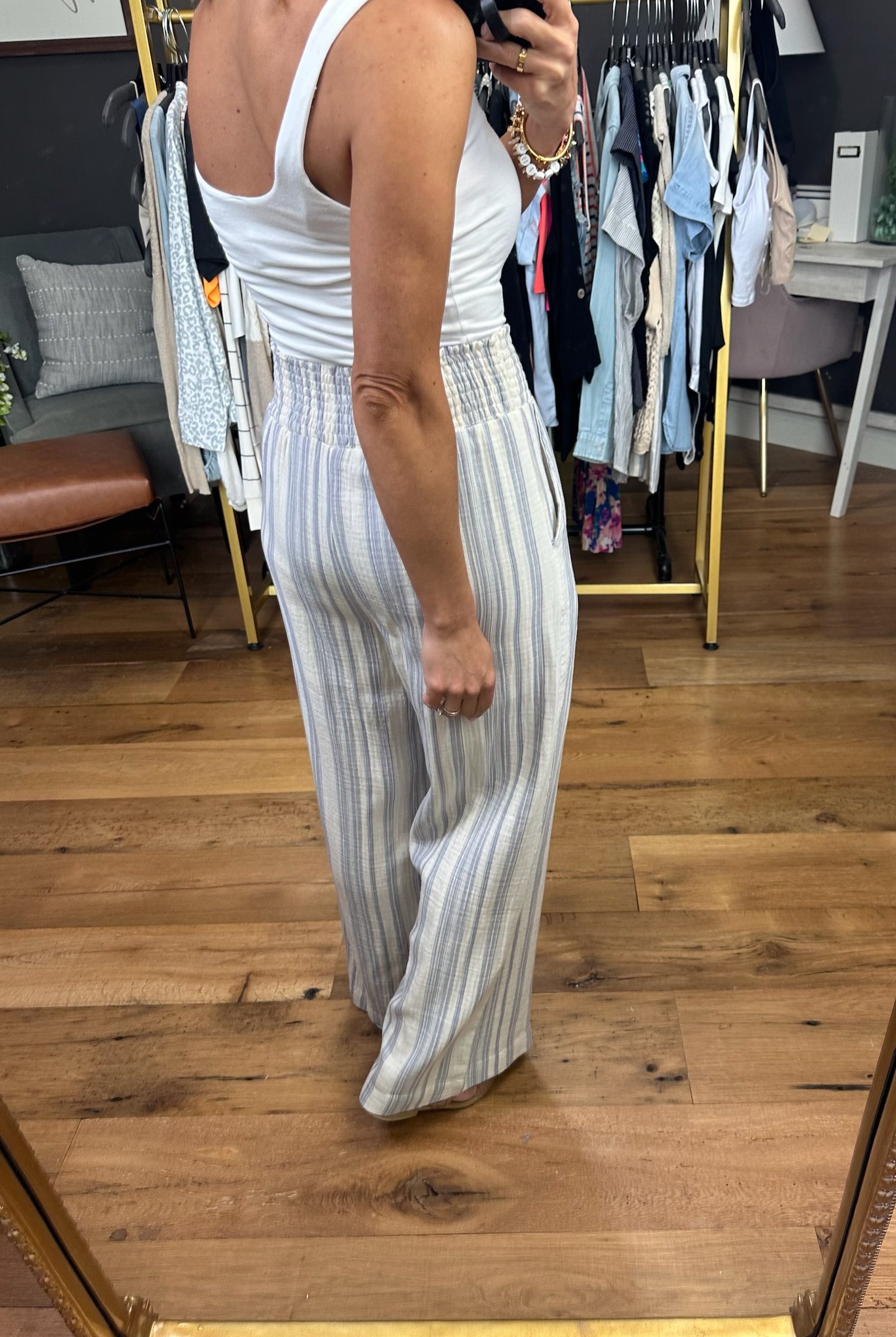 Here & Now Cotton Stripe Pants - Slate Blue-Pants-Be Cool-Anna Kaytes Boutique, Women's Fashion Boutique in Grinnell, Iowa