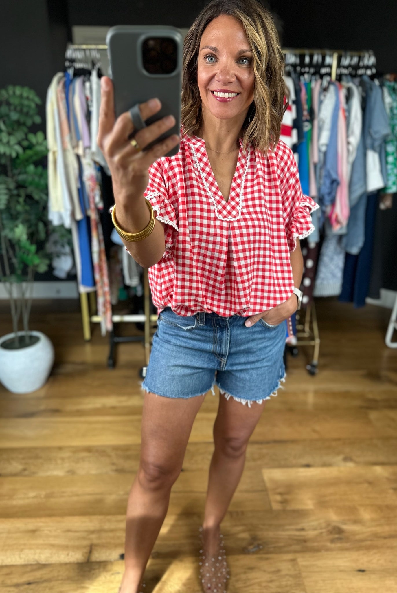 Picnic In The Park Gingham Top-Short Sleeves-Umgee-Anna Kaytes Boutique, Women's Fashion Boutique in Grinnell, Iowa