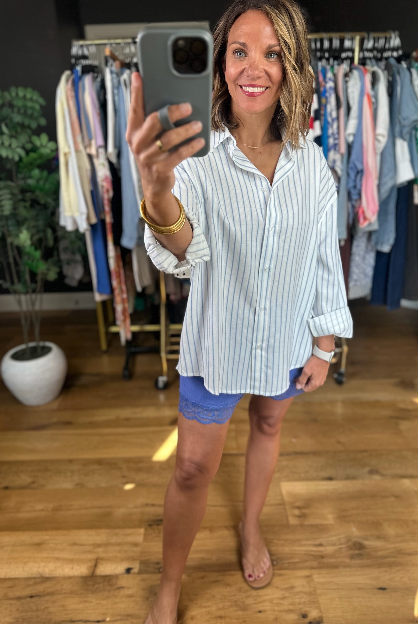 First Feelings Striped Button-Down Top-Long Sleeves-Double Zero-Anna Kaytes Boutique, Women's Fashion Boutique in Grinnell, Iowa