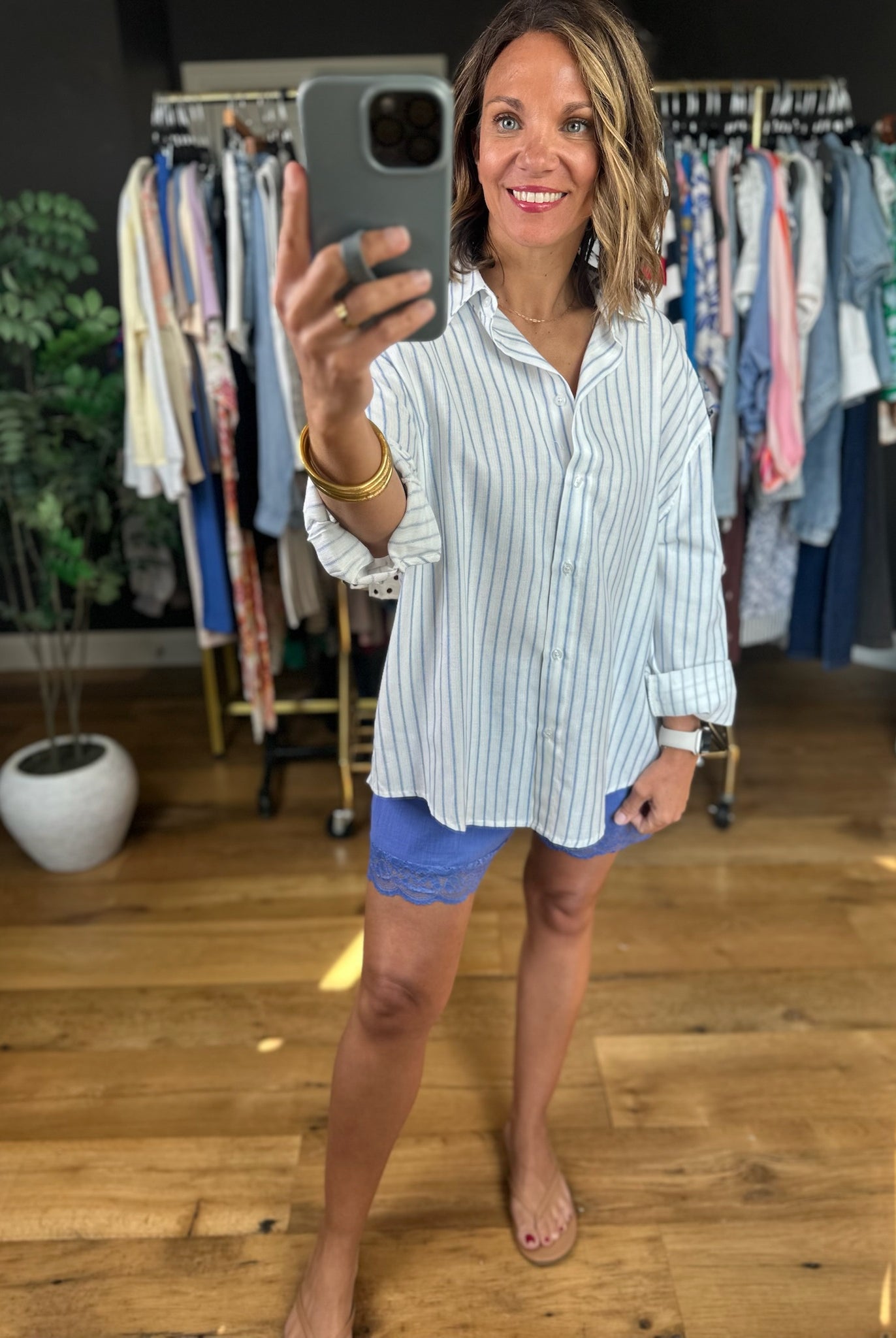 First Feelings Striped Button-Down Top-Long Sleeves-Double Zero-Anna Kaytes Boutique, Women's Fashion Boutique in Grinnell, Iowa