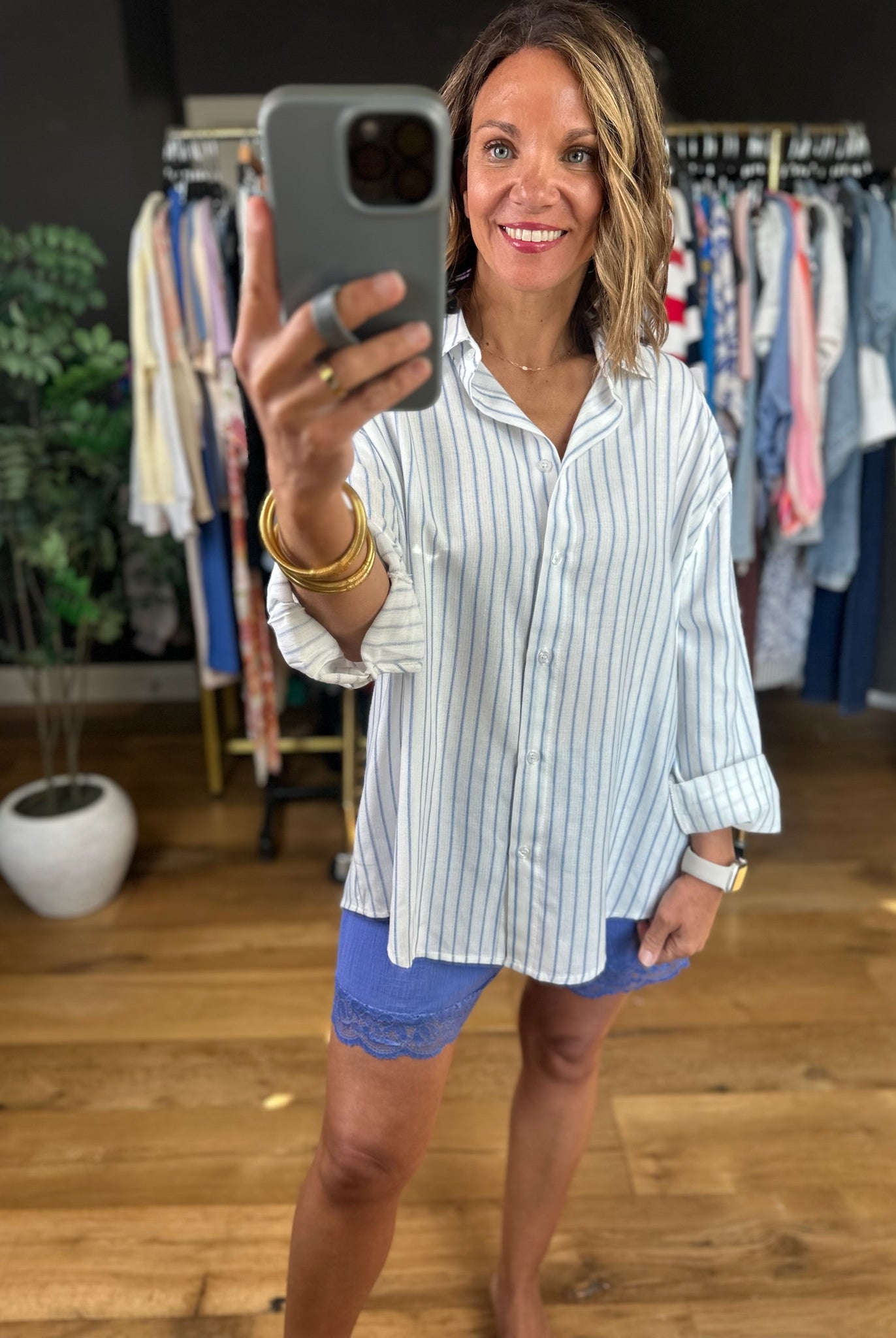 First Feelings Striped Button-Down Top-Long Sleeves-Double Zero-Anna Kaytes Boutique, Women's Fashion Boutique in Grinnell, Iowa