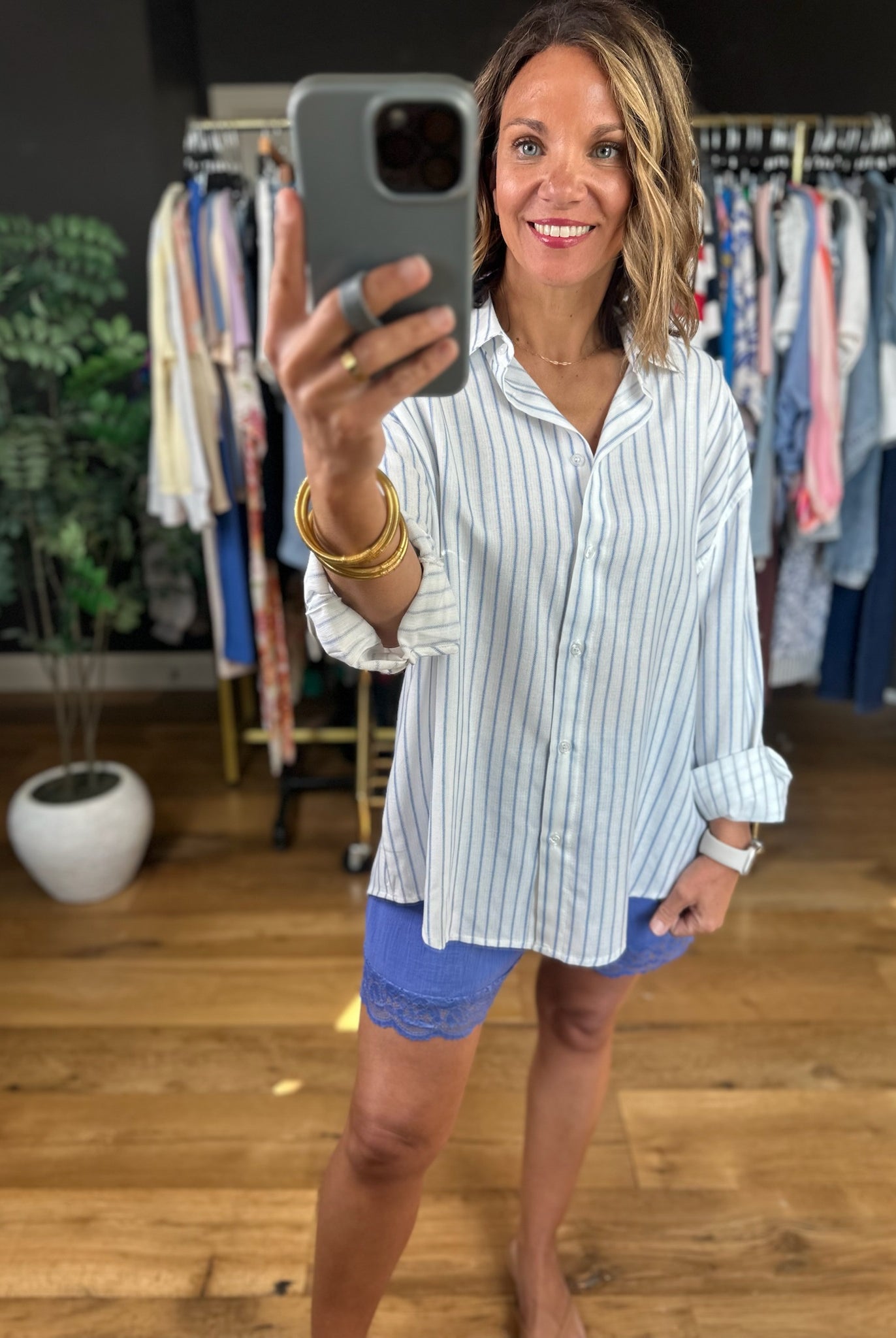 First Feelings Striped Button-Down Top-Long Sleeves-Double Zero-Anna Kaytes Boutique, Women's Fashion Boutique in Grinnell, Iowa