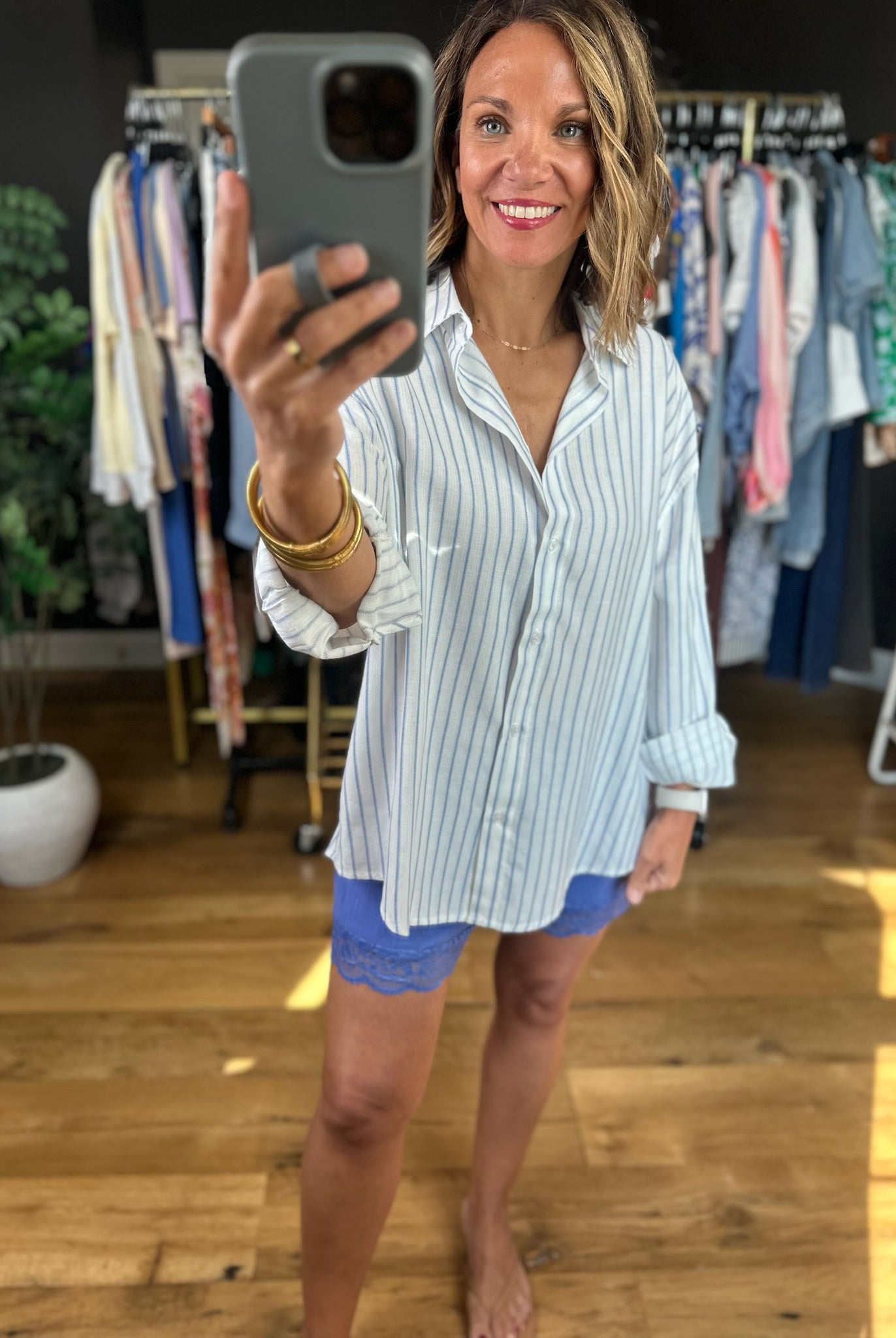 First Feelings Striped Button-Down Top-Long Sleeves-Double Zero-Anna Kaytes Boutique, Women's Fashion Boutique in Grinnell, Iowa