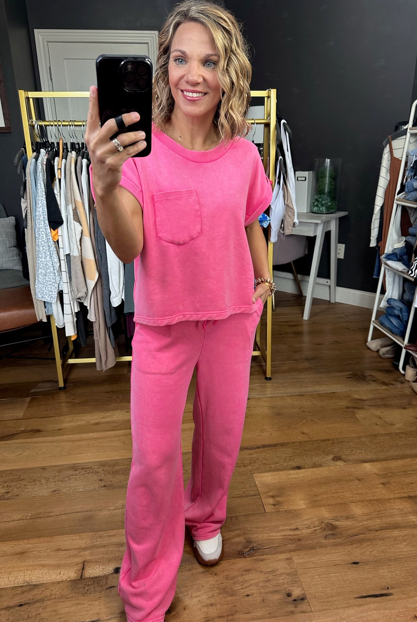 Pink World Washed Pocket Top + Pant Set - Pink-Two Piece Set-Entro-Anna Kaytes Boutique, Women's Fashion Boutique in Grinnell, Iowa