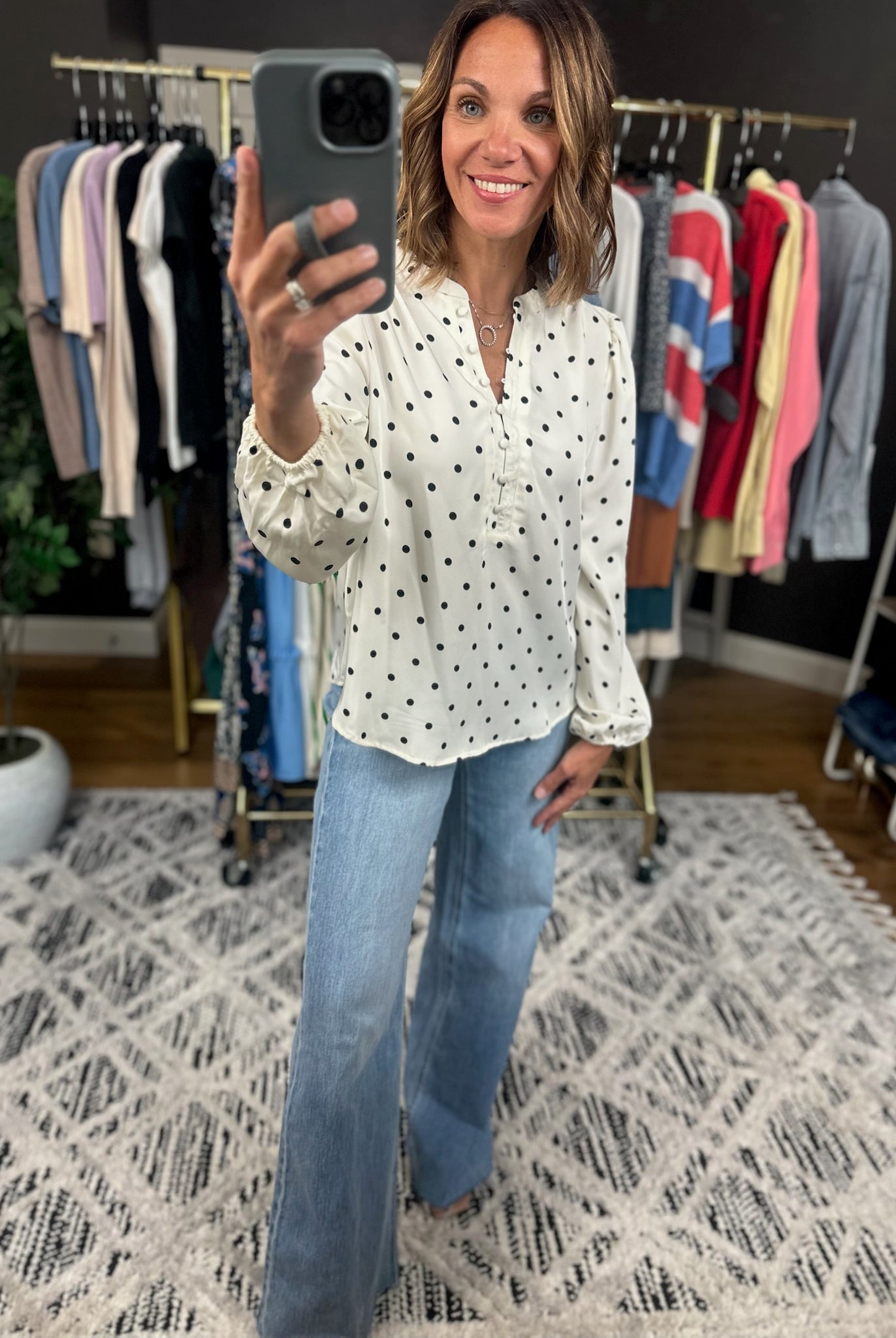 In To You Polka-Dot Top-Long Sleeves-Blu Pepper-Anna Kaytes Boutique, Women's Fashion Boutique in Grinnell, Iowa