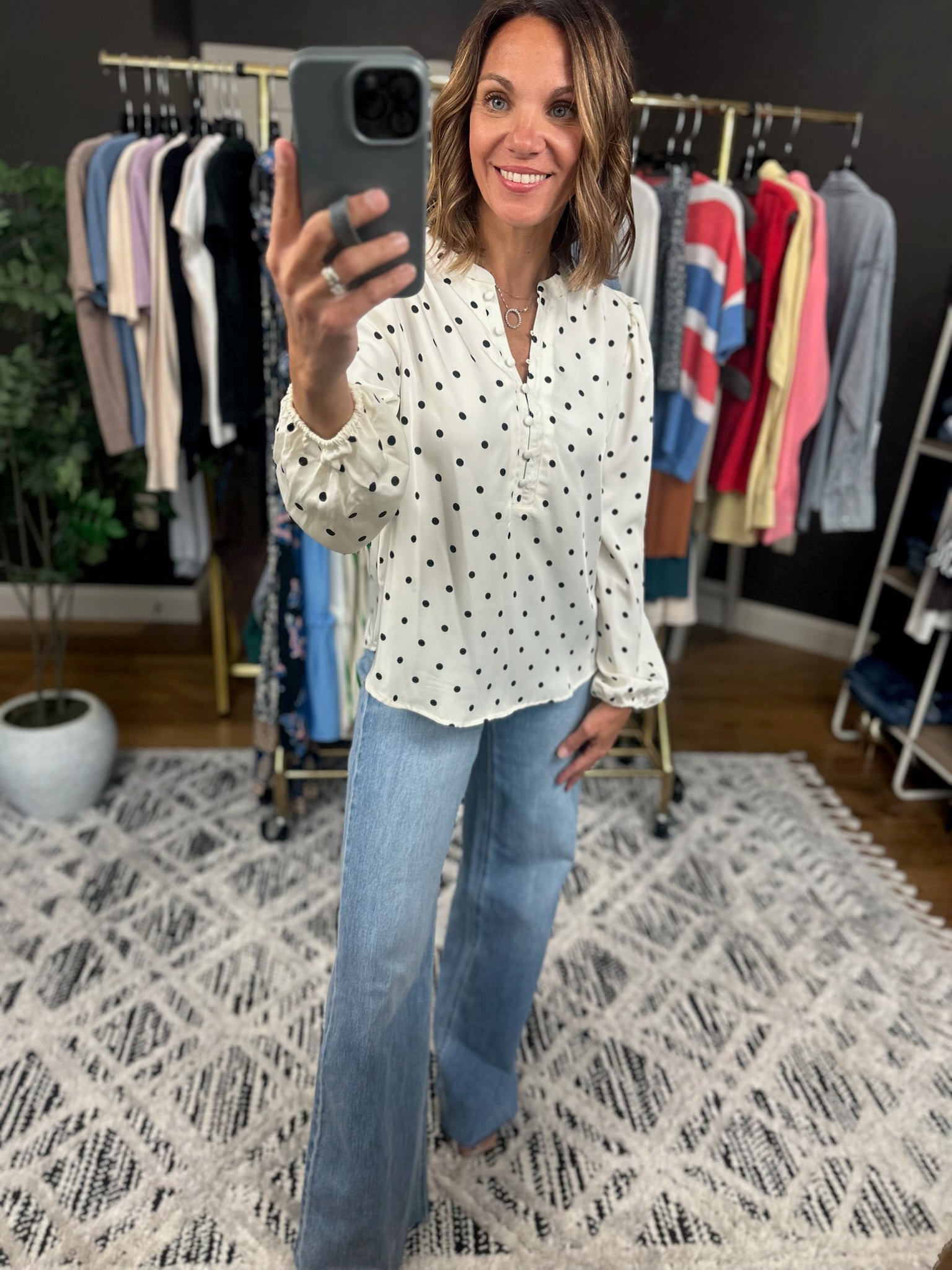 In To You Polka-Dot Top-Long Sleeves-Blu Pepper-Anna Kaytes Boutique, Women's Fashion Boutique in Grinnell, Iowa