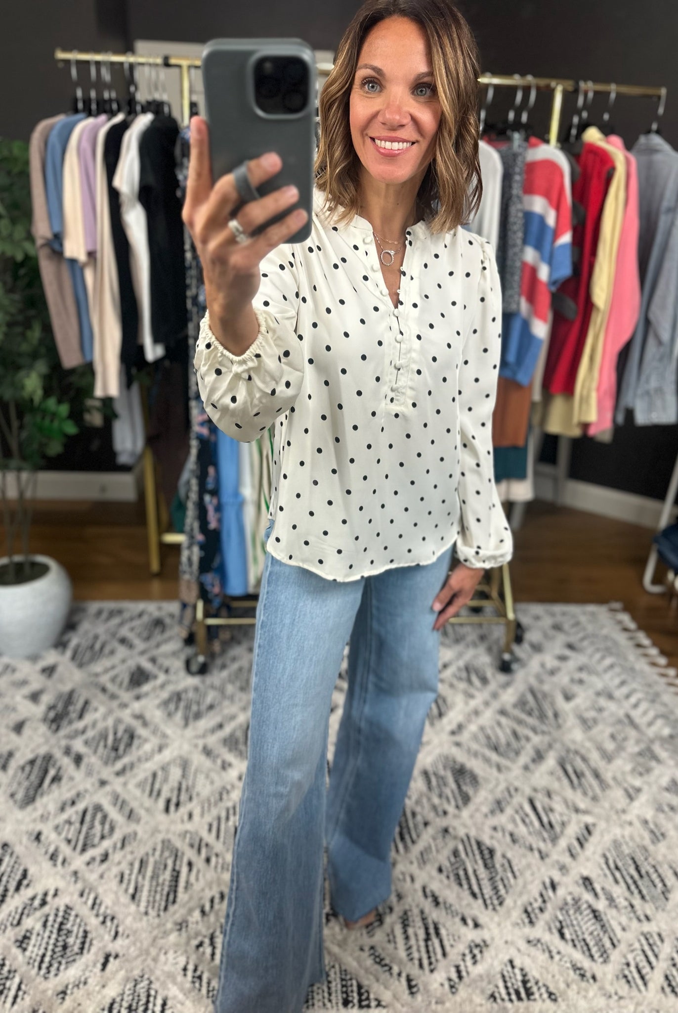 In To You Polka-Dot Top-Long Sleeves-Blu Pepper-Anna Kaytes Boutique, Women's Fashion Boutique in Grinnell, Iowa