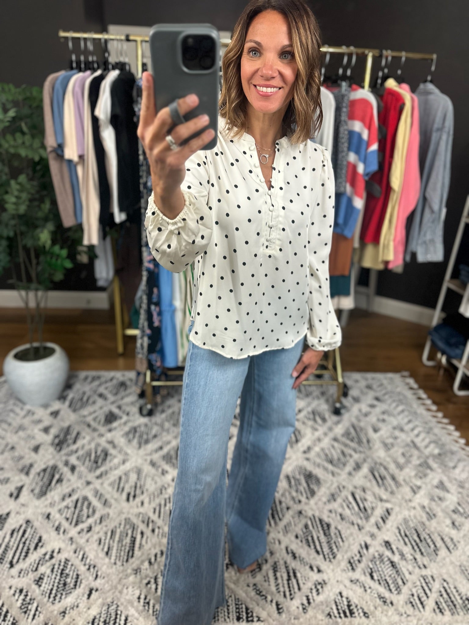 In To You Polka-Dot Top-Long Sleeves-Blu Pepper-Anna Kaytes Boutique, Women's Fashion Boutique in Grinnell, Iowa