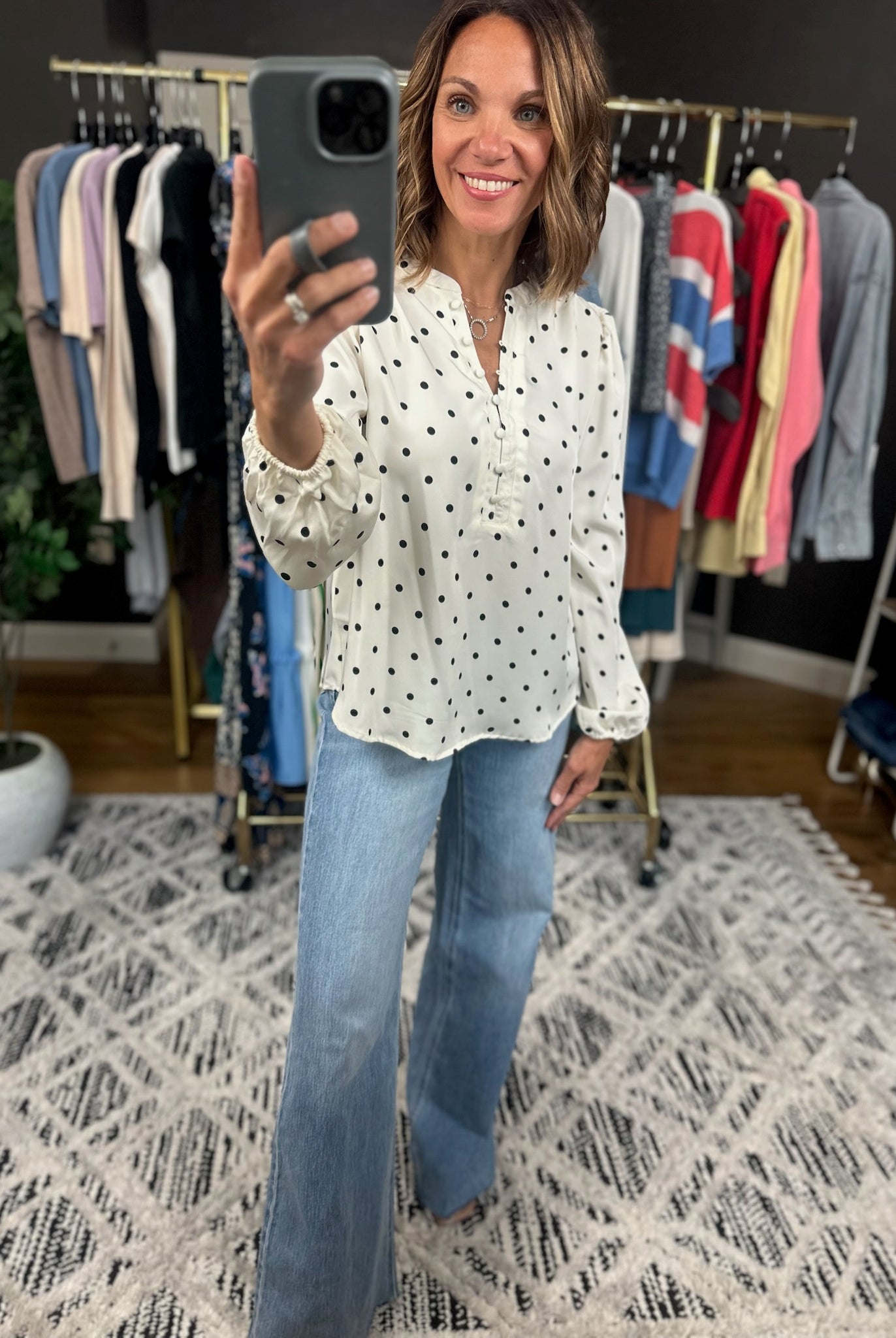 In To You Polka-Dot Top-Long Sleeves-Blu Pepper-Anna Kaytes Boutique, Women's Fashion Boutique in Grinnell, Iowa