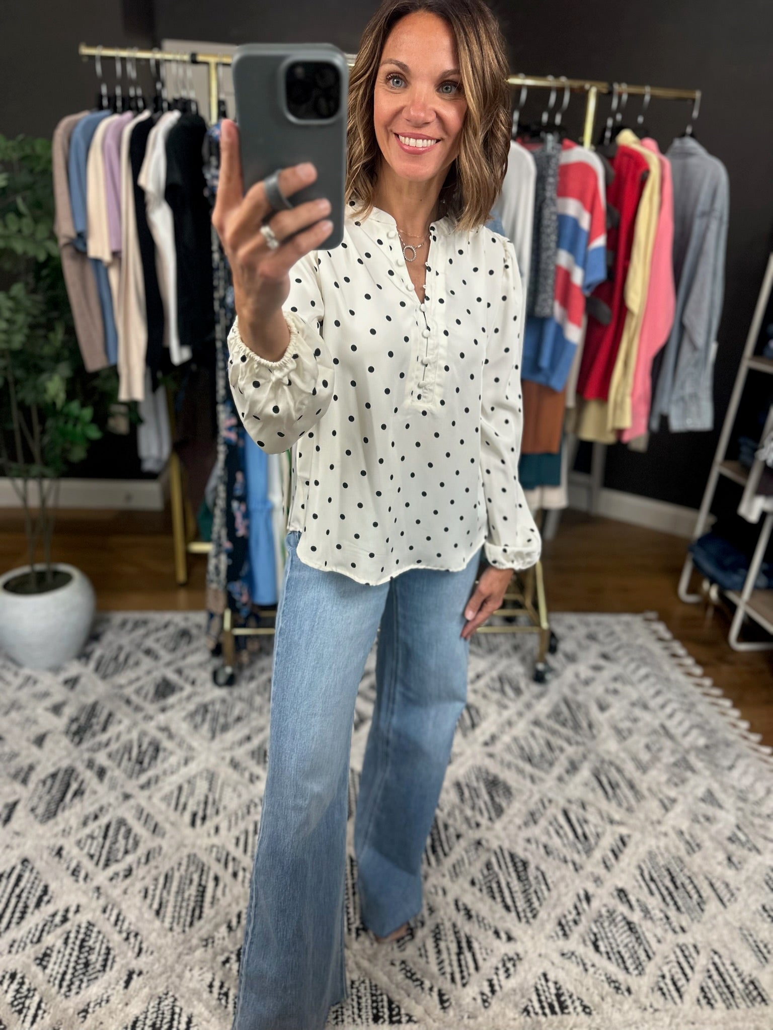 In To You Polka-Dot Top-Long Sleeves-Blu Pepper-Anna Kaytes Boutique, Women's Fashion Boutique in Grinnell, Iowa