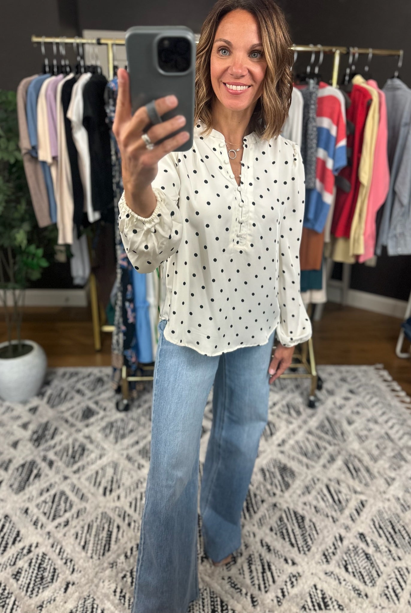 In To You Polka-Dot Top-Long Sleeves-Blu Pepper-Anna Kaytes Boutique, Women's Fashion Boutique in Grinnell, Iowa