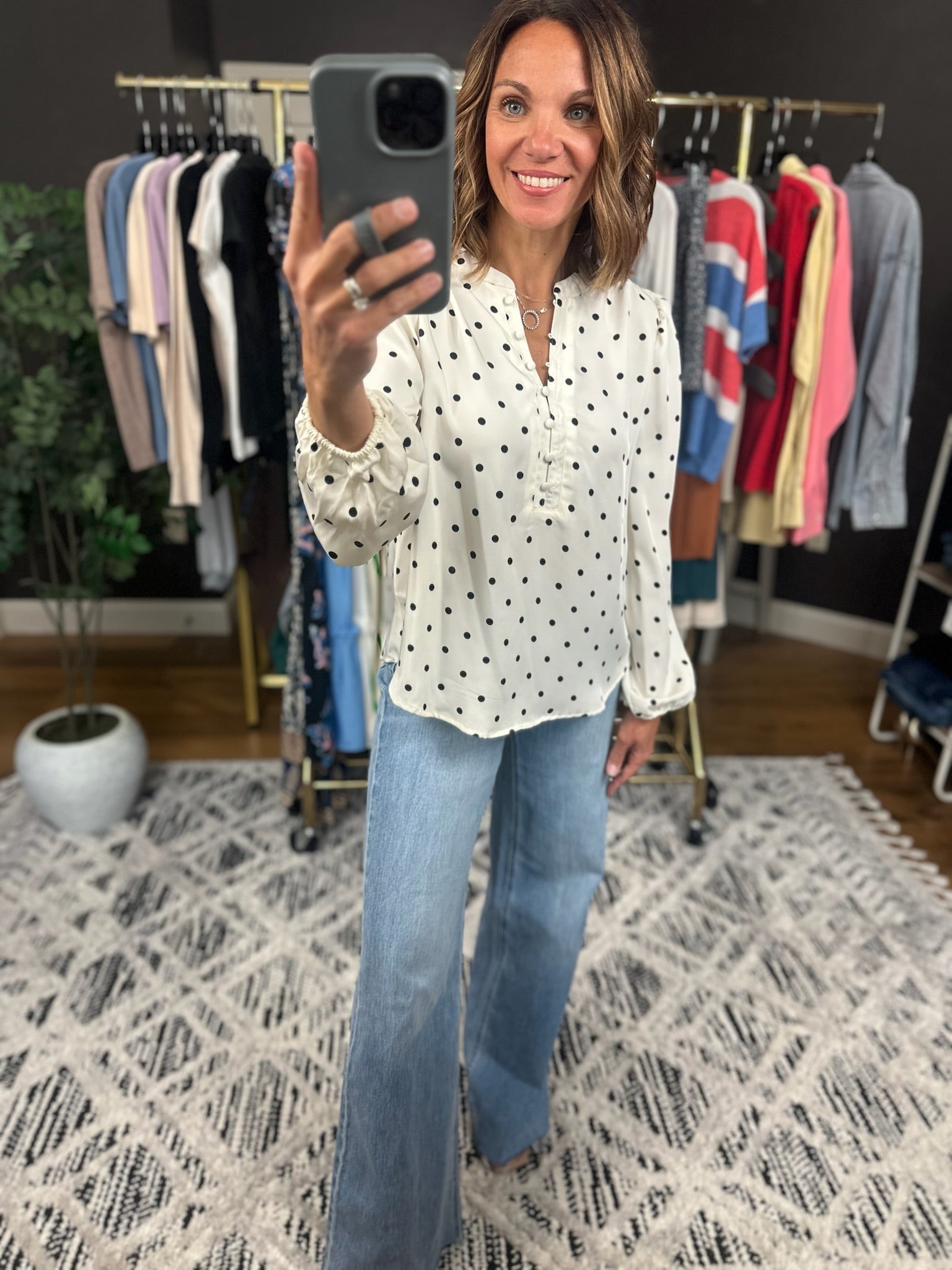 In To You Polka-Dot Top-Long Sleeves-Blu Pepper-Anna Kaytes Boutique, Women's Fashion Boutique in Grinnell, Iowa