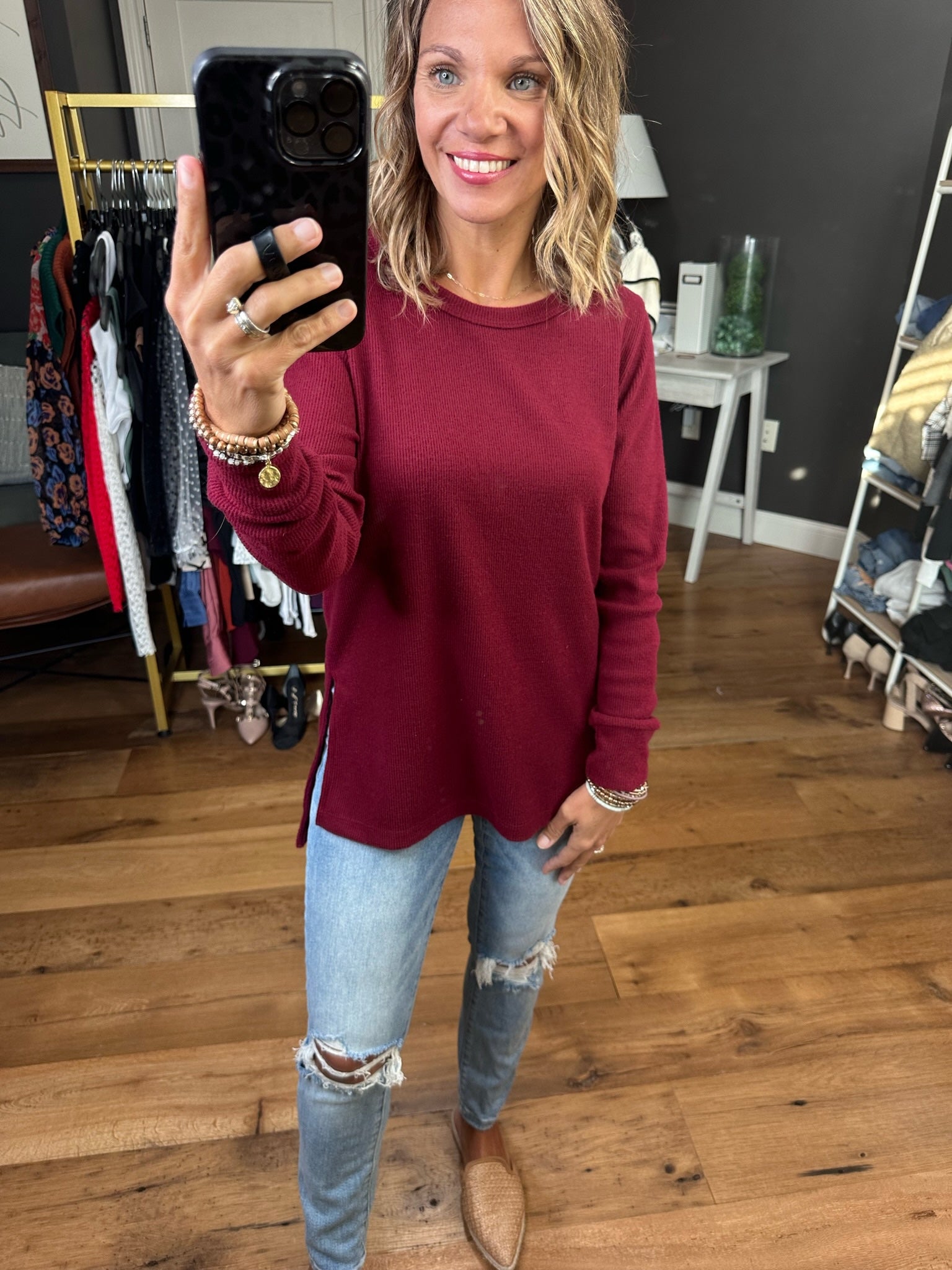 In Good Time Textured Longsleeve Top With Side-Slit Detail - Mutliple Options-Long Sleeves-Staccato 16740E-Anna Kaytes Boutique, Women's Fashion Boutique in Grinnell, Iowa