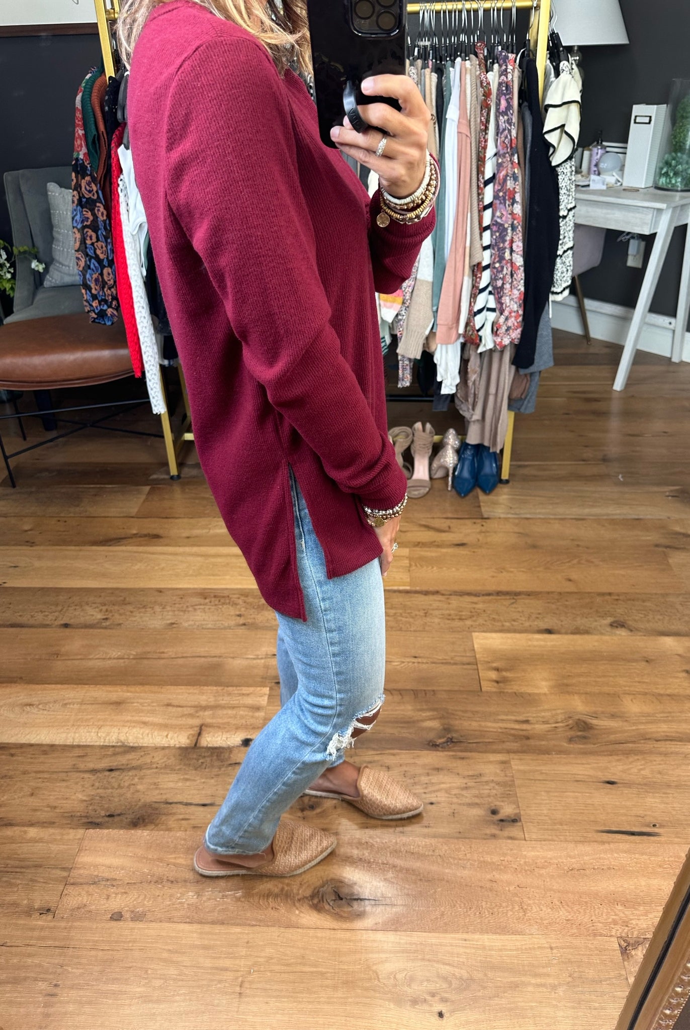In Good Time Textured Longsleeve Top With Side-Slit Detail - Mutliple Options-Long Sleeves-Staccato 16740E-Anna Kaytes Boutique, Women's Fashion Boutique in Grinnell, Iowa