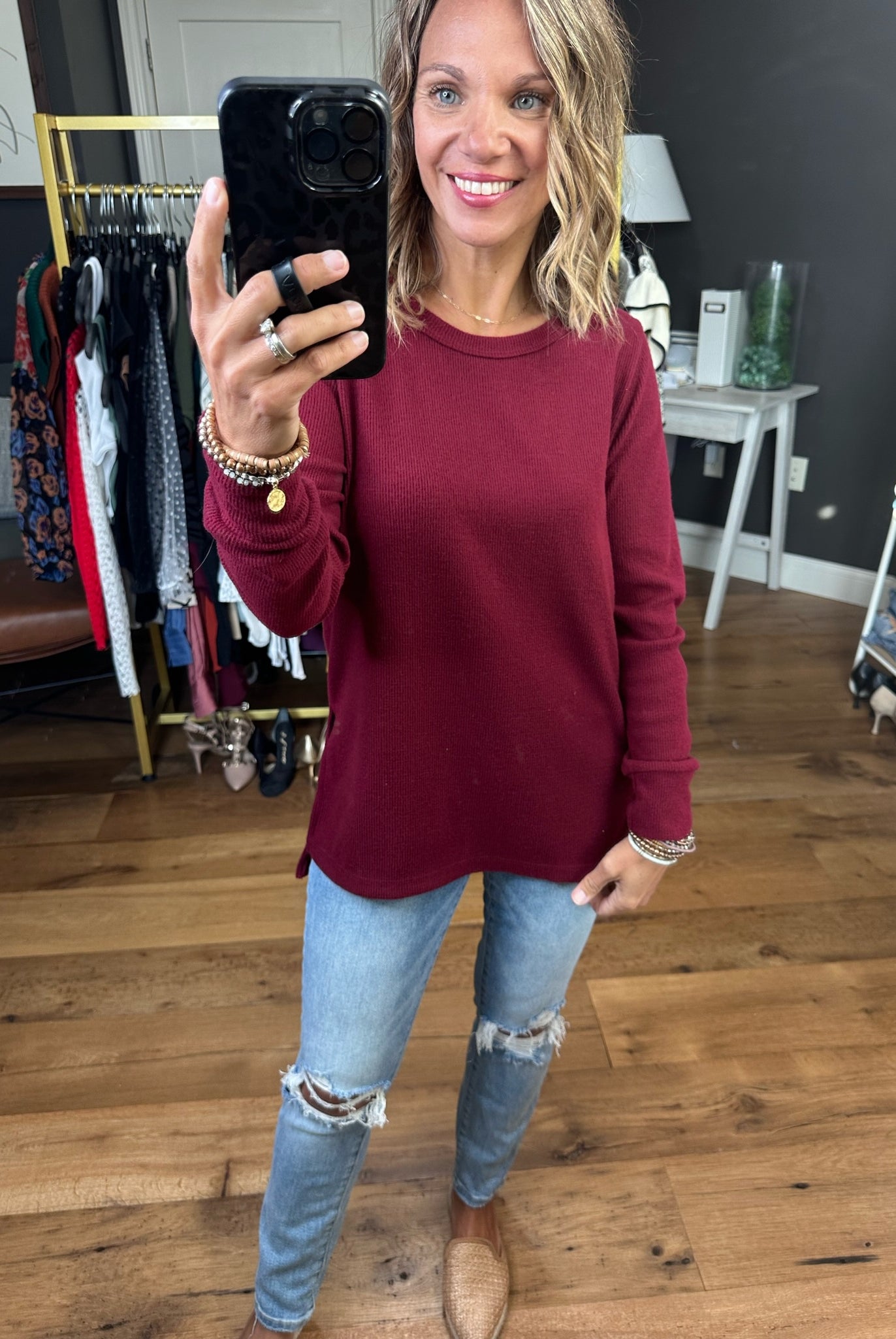 In Good Time Textured Longsleeve Top With Side-Slit Detail - Mutliple Options-Long Sleeves-Staccato 16740E-Anna Kaytes Boutique, Women's Fashion Boutique in Grinnell, Iowa