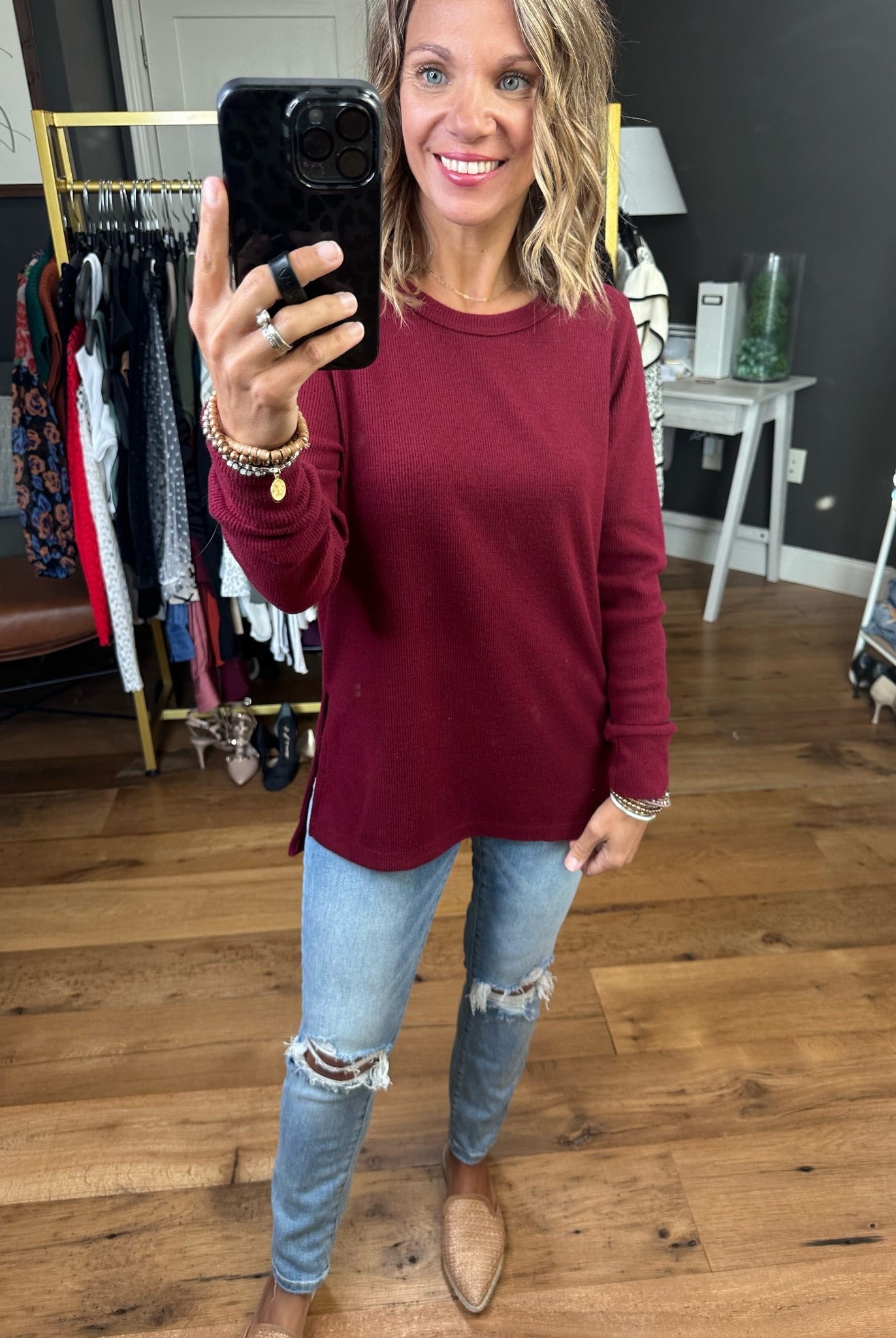In Good Time Textured Longsleeve Top With Side-Slit Detail - Mutliple Options-Long Sleeves-Staccato 16740E-Anna Kaytes Boutique, Women's Fashion Boutique in Grinnell, Iowa