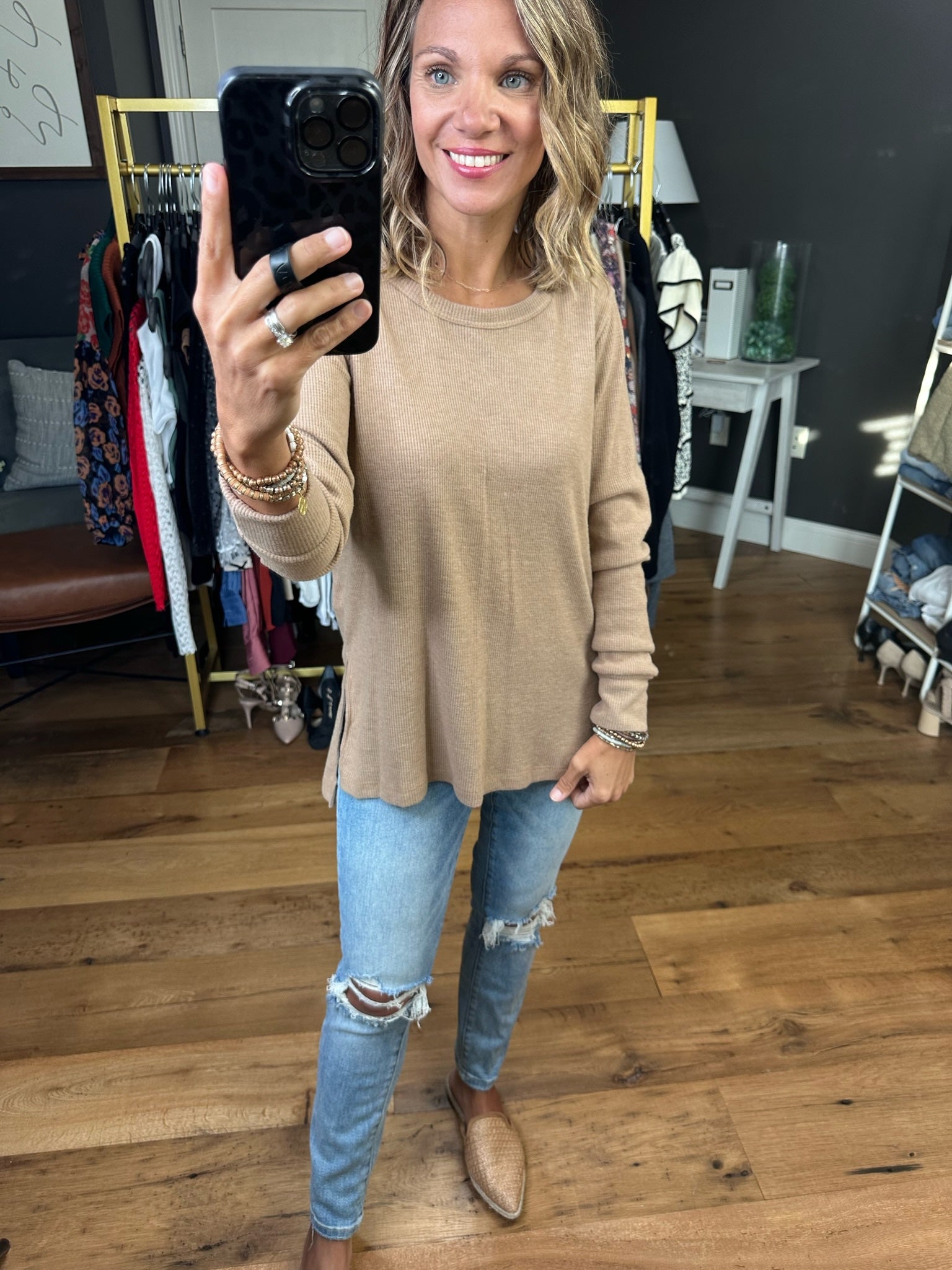 In Good Time Textured Longsleeve Top With Side-Slit Detail - Mutliple Options-Long Sleeves-Staccato 16740E-Anna Kaytes Boutique, Women's Fashion Boutique in Grinnell, Iowa