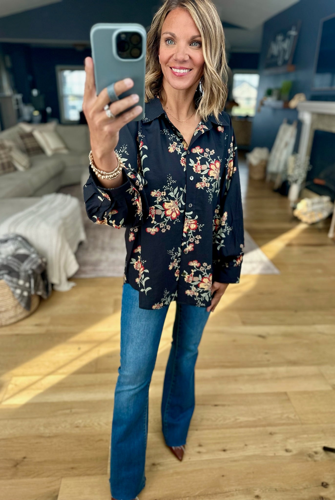 Moonlight Flowers Button-Down Top-Entro-Anna Kaytes Boutique, Women's Fashion Boutique in Grinnell, Iowa
