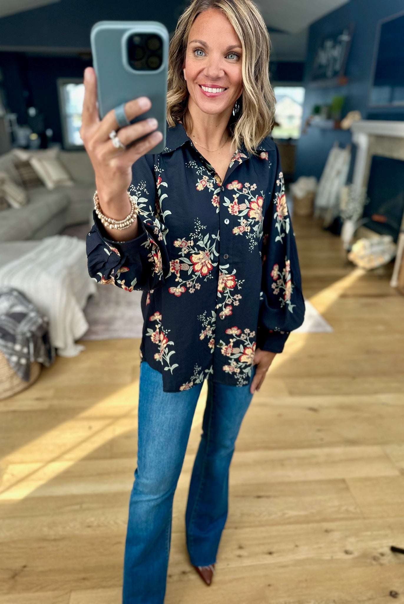 Moonlight Flowers Button-Down Top-Entro-Anna Kaytes Boutique, Women's Fashion Boutique in Grinnell, Iowa