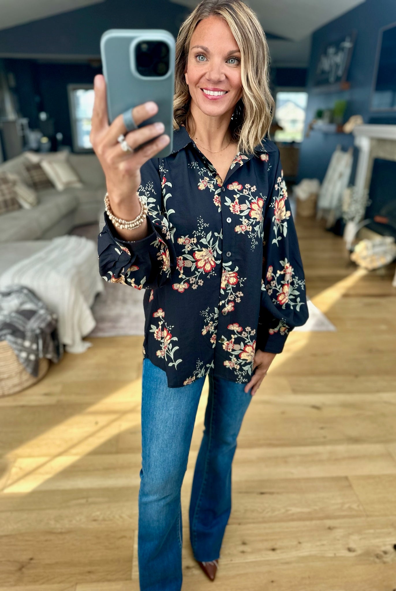 Moonlight Flowers Button-Down Top-Entro-Anna Kaytes Boutique, Women's Fashion Boutique in Grinnell, Iowa