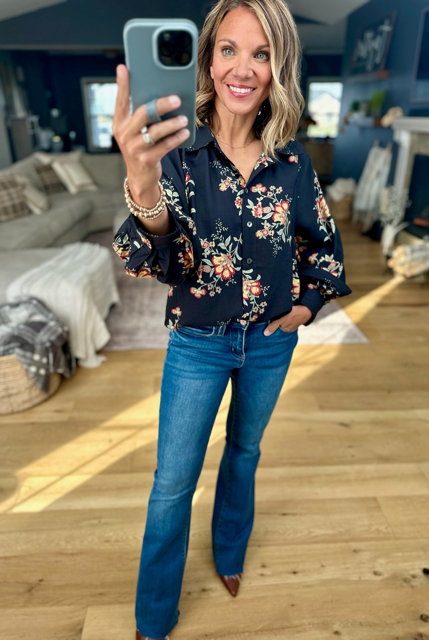 Moonlight Flowers Button-Down Top-Entro-Anna Kaytes Boutique, Women's Fashion Boutique in Grinnell, Iowa