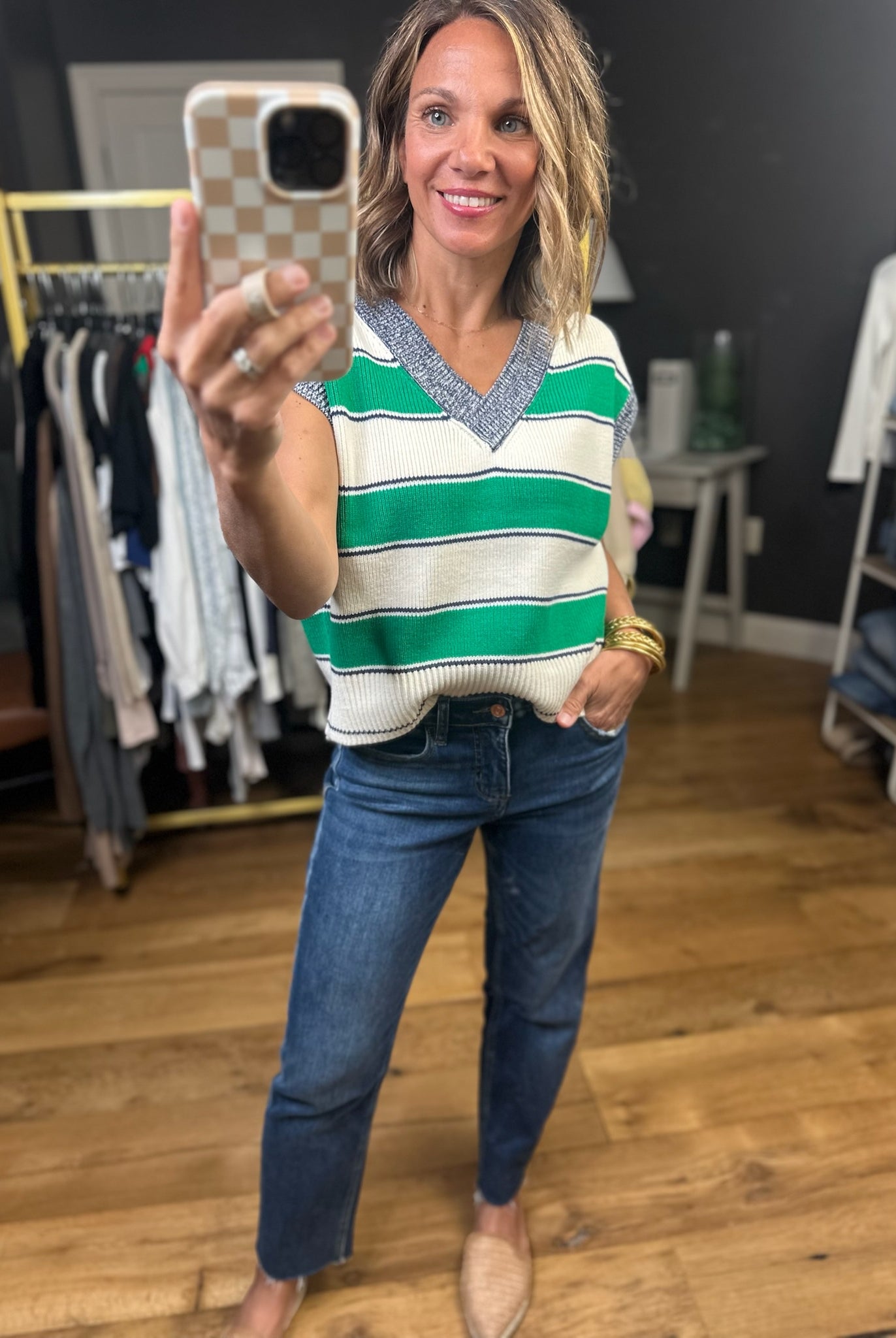 More To It Striped V-Neck Sweater Vest - Green-Entro-Anna Kaytes Boutique, Women's Fashion Boutique in Grinnell, Iowa