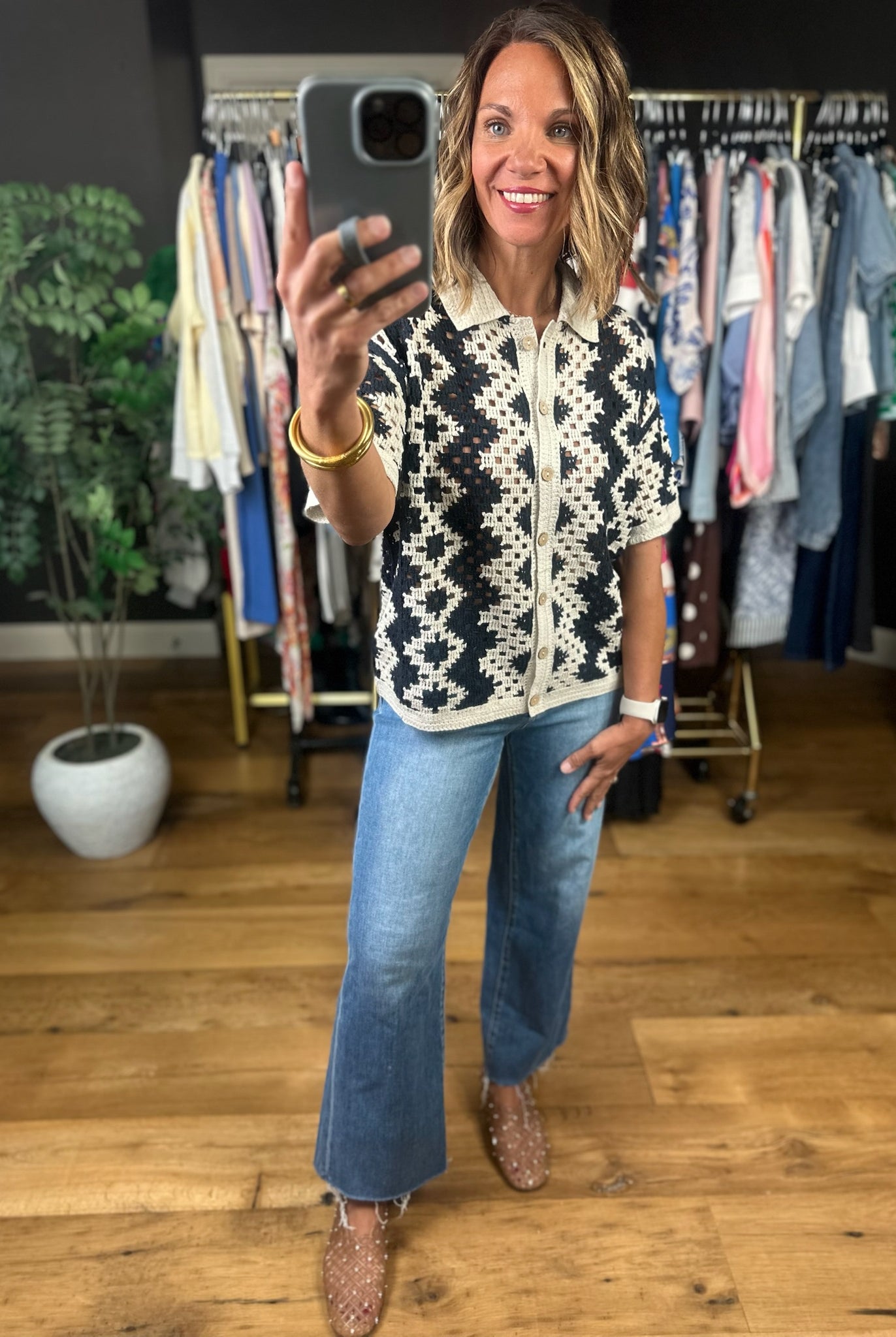 Make You Miss Me Crochet Button-Down Top-Short Sleeves-Doe & Rae-Anna Kaytes Boutique, Women's Fashion Boutique in Grinnell, Iowa