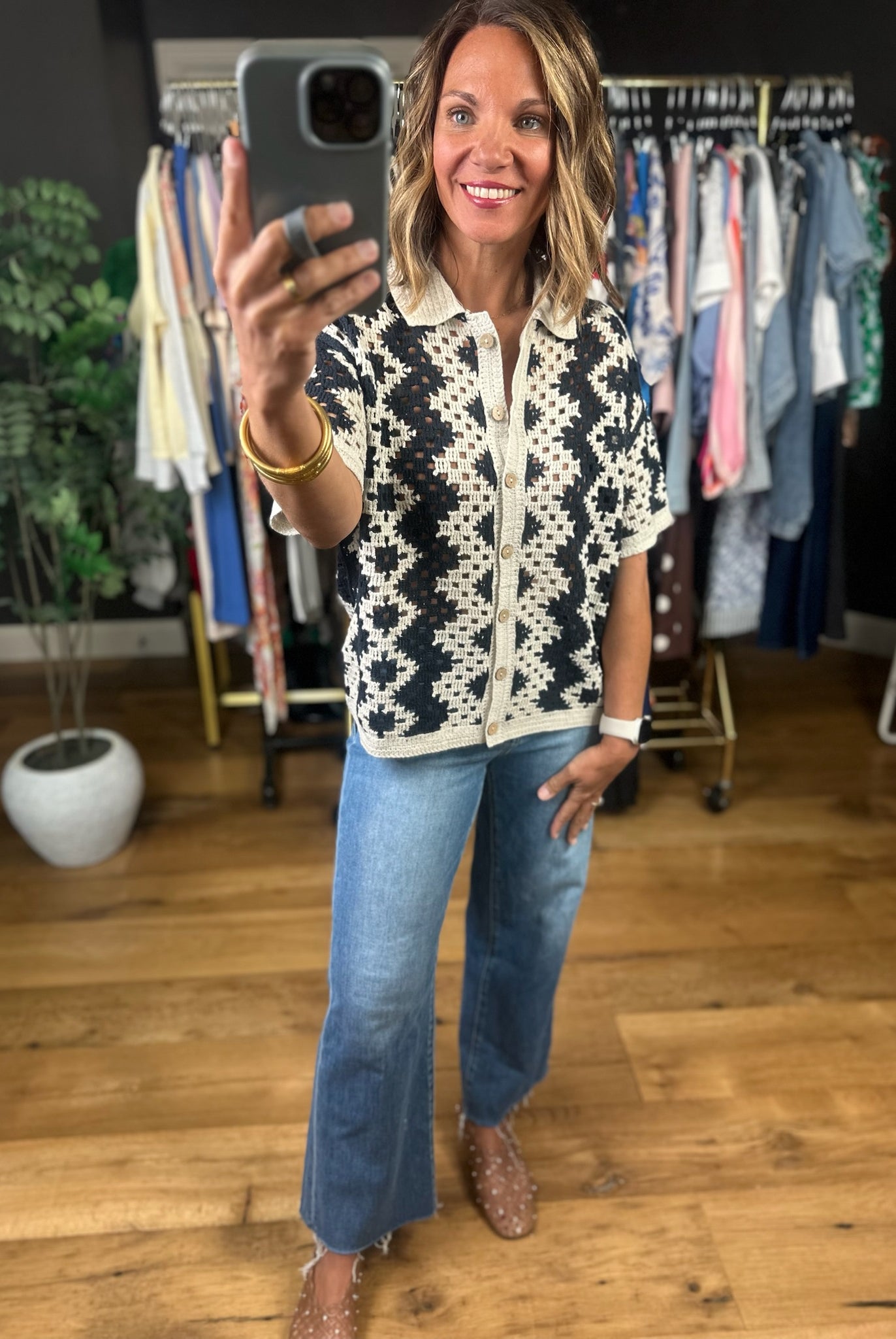 Make You Miss Me Crochet Button-Down Top-Short Sleeves-Doe & Rae-Anna Kaytes Boutique, Women's Fashion Boutique in Grinnell, Iowa