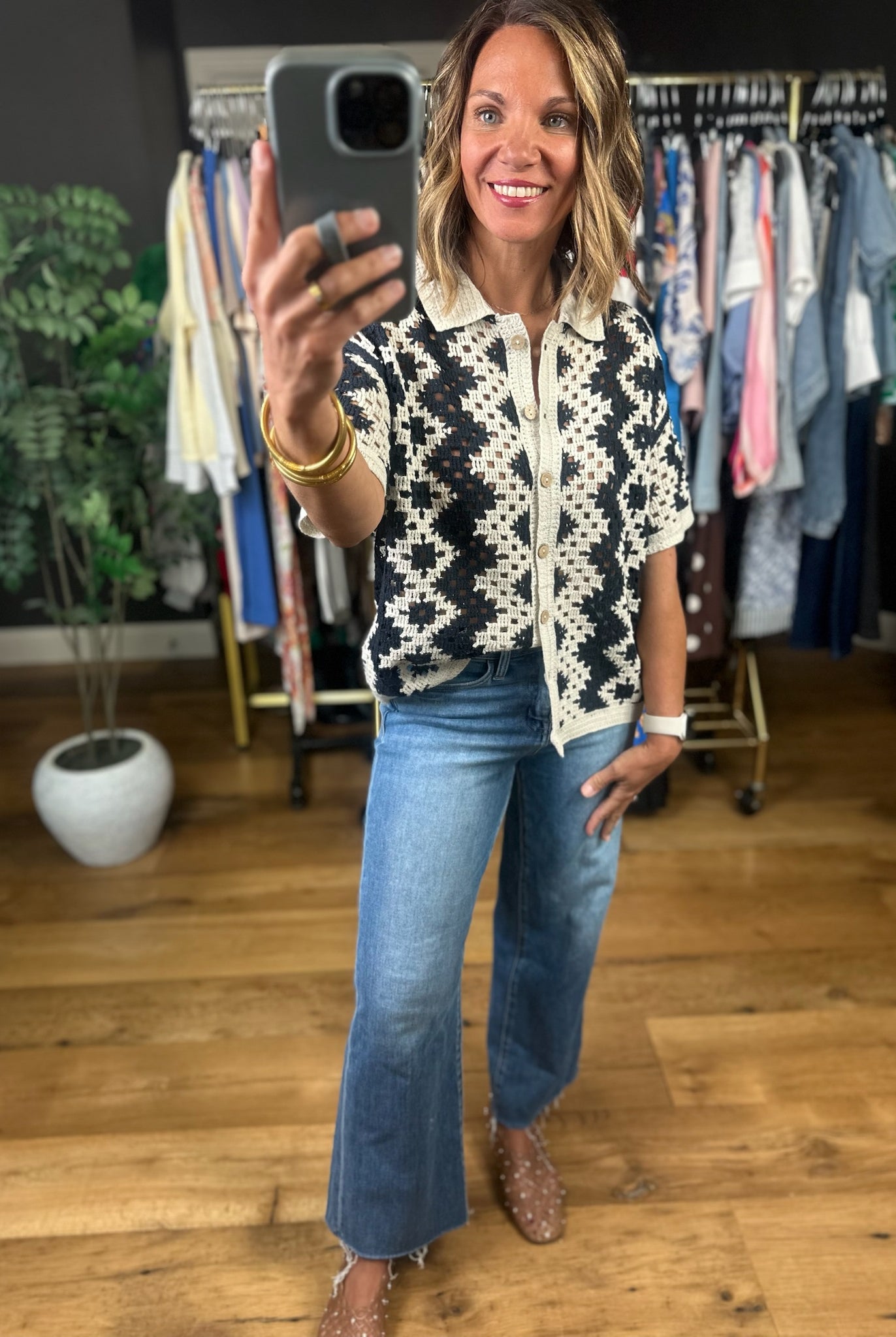 Make You Miss Me Crochet Button-Down Top-Short Sleeves-Doe & Rae-Anna Kaytes Boutique, Women's Fashion Boutique in Grinnell, Iowa