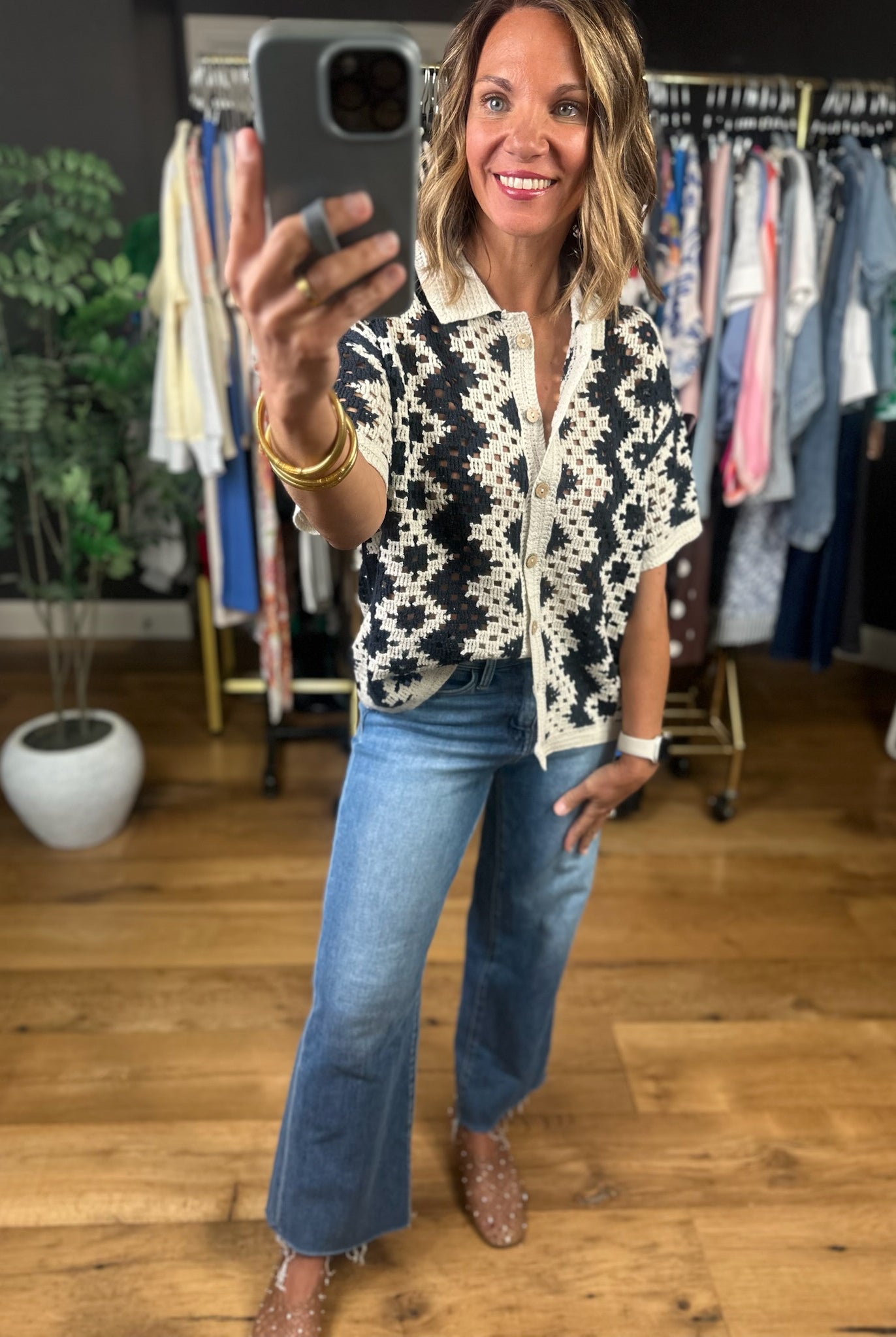 Make You Miss Me Crochet Button-Down Top-Short Sleeves-Doe & Rae-Anna Kaytes Boutique, Women's Fashion Boutique in Grinnell, Iowa