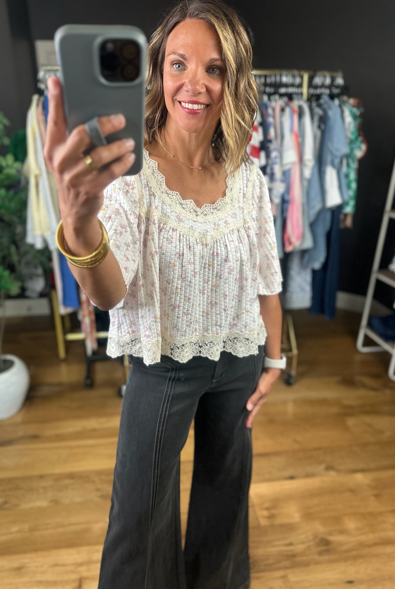 She's So Smitten Lace-Detail Top-Short Sleeves-POL-Anna Kaytes Boutique, Women's Fashion Boutique in Grinnell, Iowa