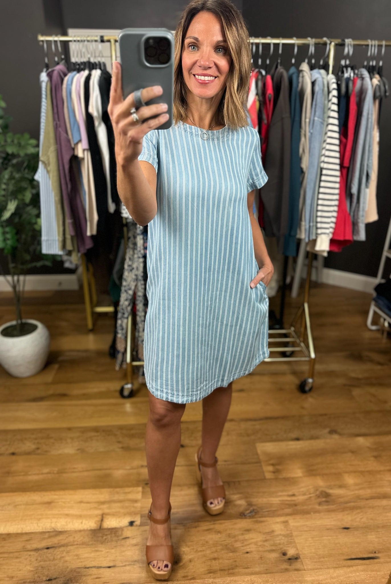 Where I'm At Striped Chambray Dress-Dresses-Blu Pepper-Anna Kaytes Boutique, Women's Fashion Boutique in Grinnell, Iowa