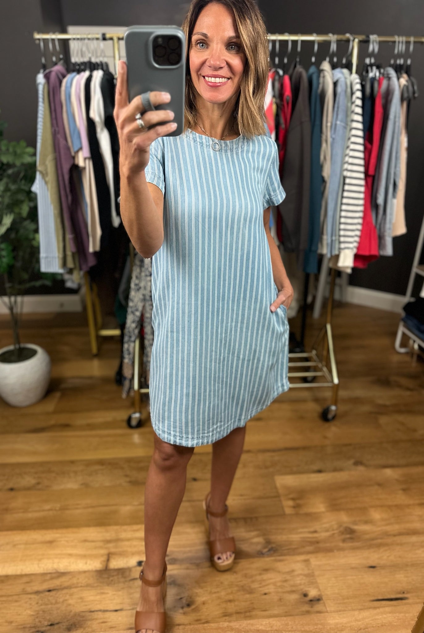 Where I'm At Striped Chambray Dress-Dresses-Blu Pepper-Anna Kaytes Boutique, Women's Fashion Boutique in Grinnell, Iowa