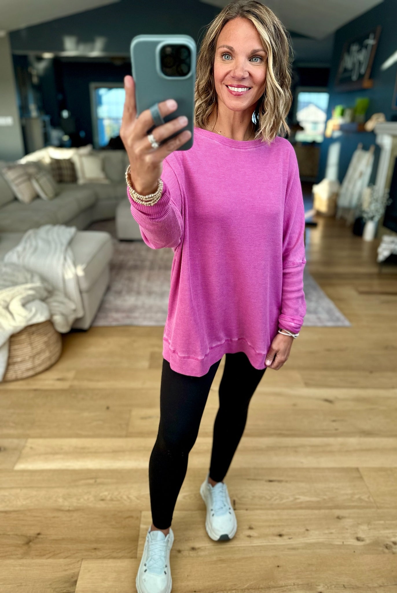**Make It Happen Waffle Long Sleeve Top-Mono B-Anna Kaytes Boutique, Women's Fashion Boutique in Grinnell, Iowa