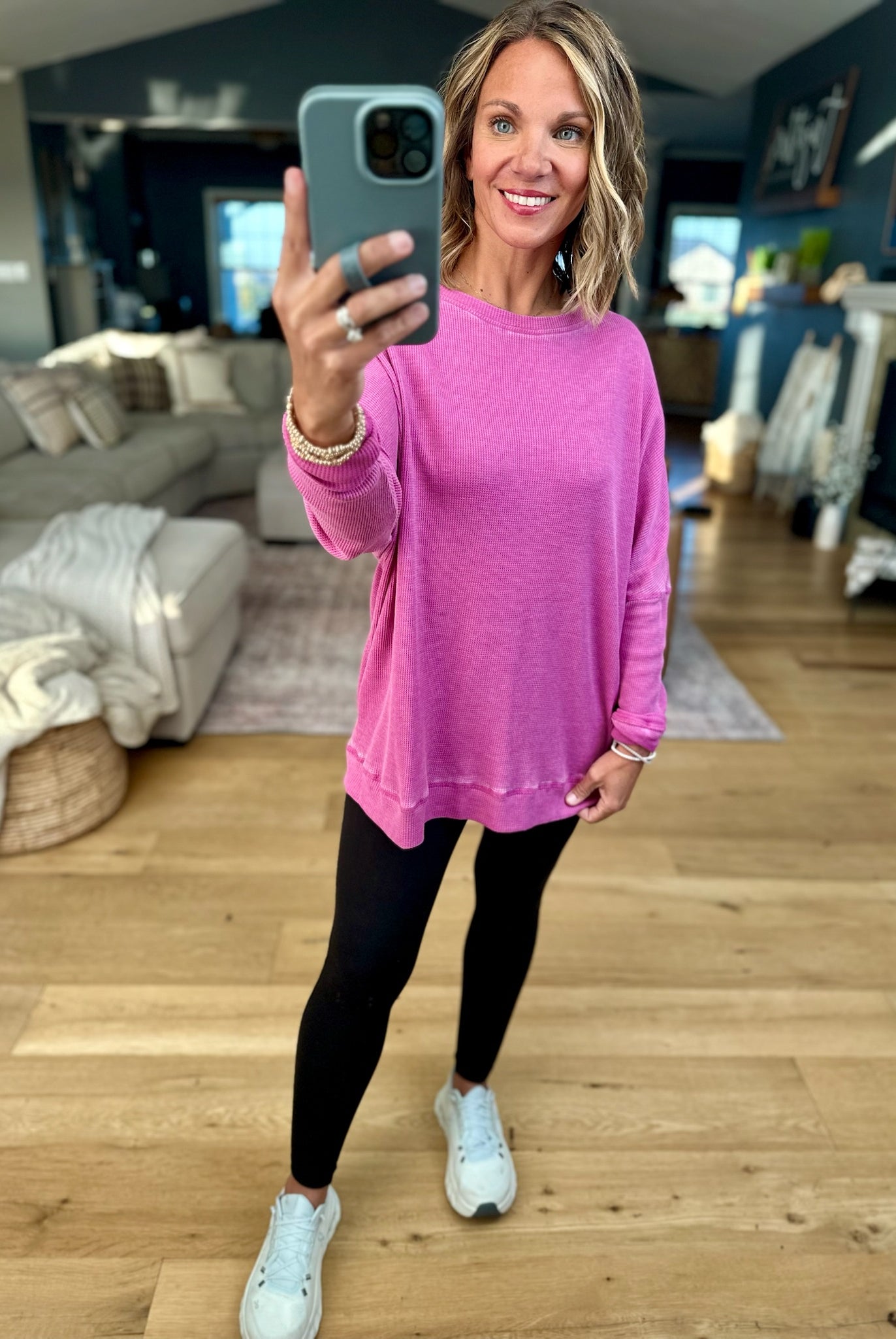 **Make It Happen Waffle Long Sleeve Top-Mono B-Anna Kaytes Boutique, Women's Fashion Boutique in Grinnell, Iowa
