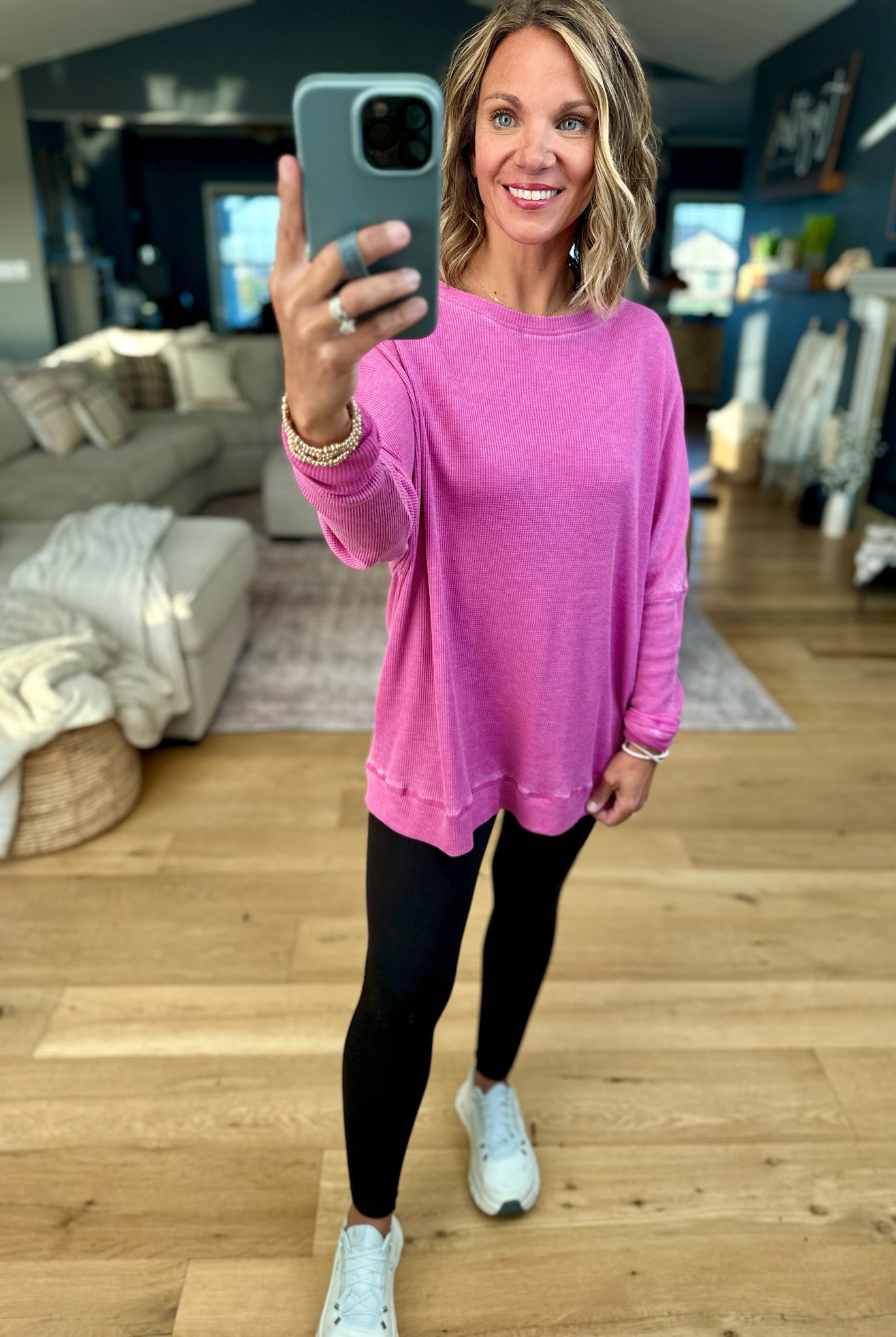 **Make It Happen Waffle Long Sleeve Top-Mono B-Anna Kaytes Boutique, Women's Fashion Boutique in Grinnell, Iowa